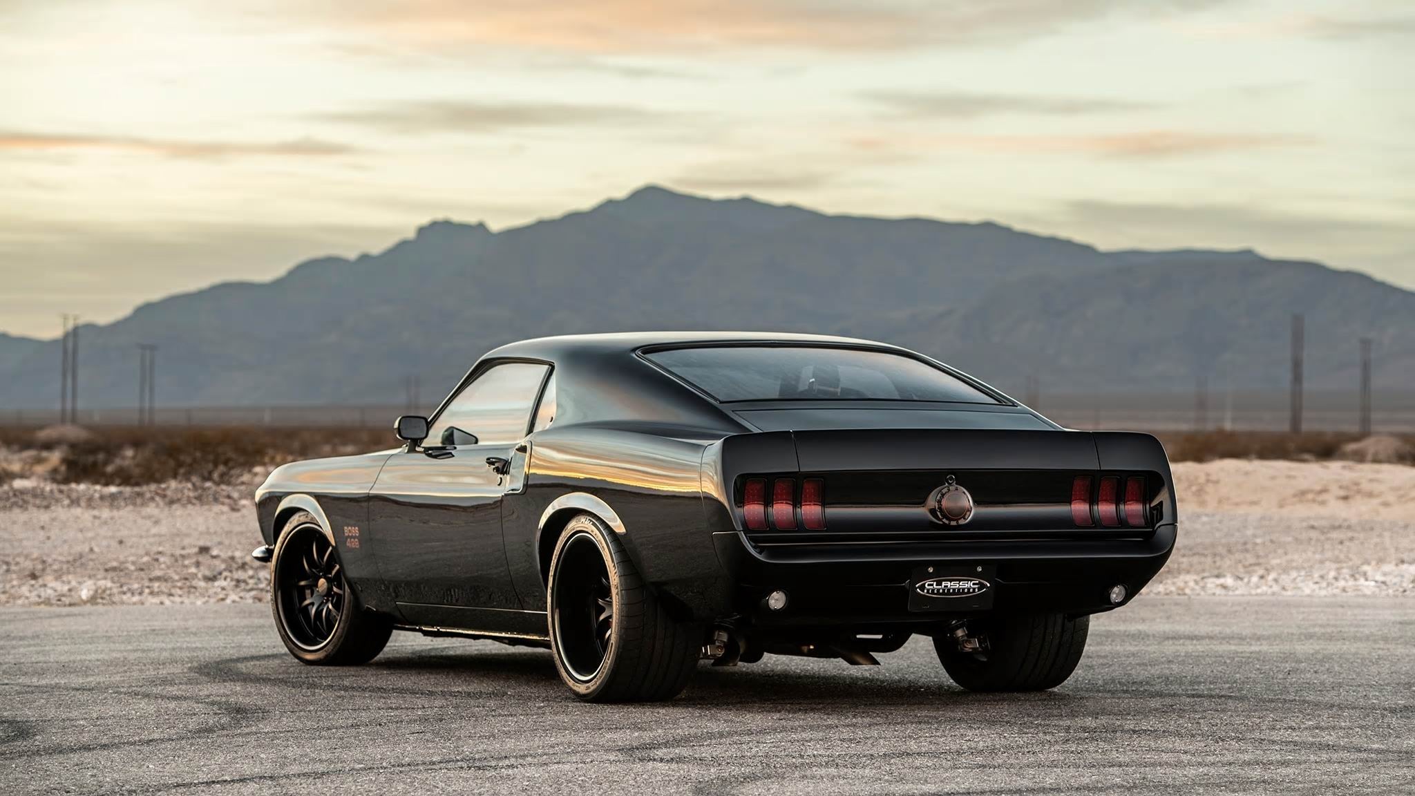 1969 Ford Mustang Boss 429, Black fastback restomod, Desert mountain landscape, HD Desktop wallpaper
