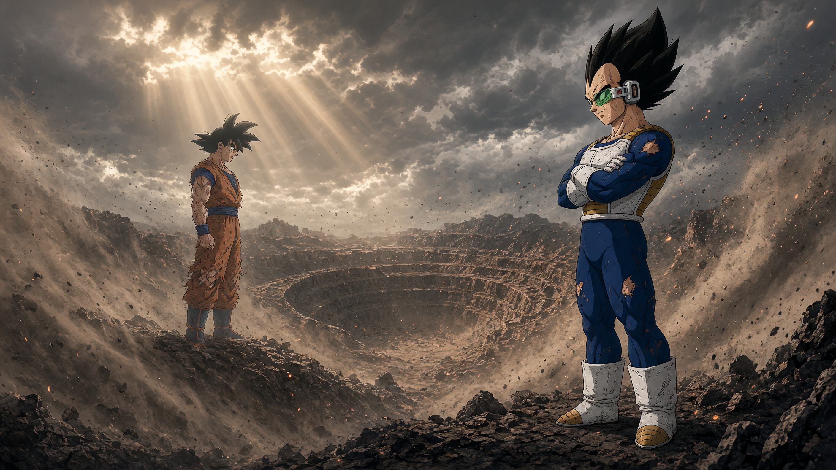 Goku, Vegeta, Saiyan battle armor, Scouter, Impact crater, Dust storm, Dragon Ball Z, HD Desktop wallpaper