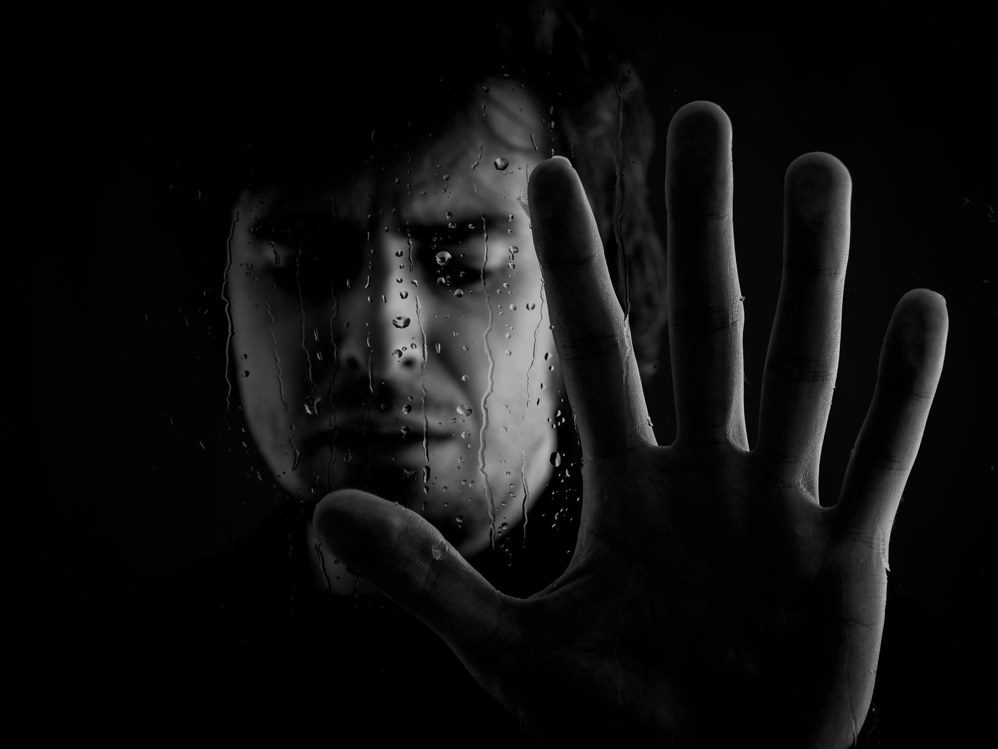 Hand pressed against glass, Sorrowful face behind window, Raindrops streaming on glass, HD Desktop wallpaper