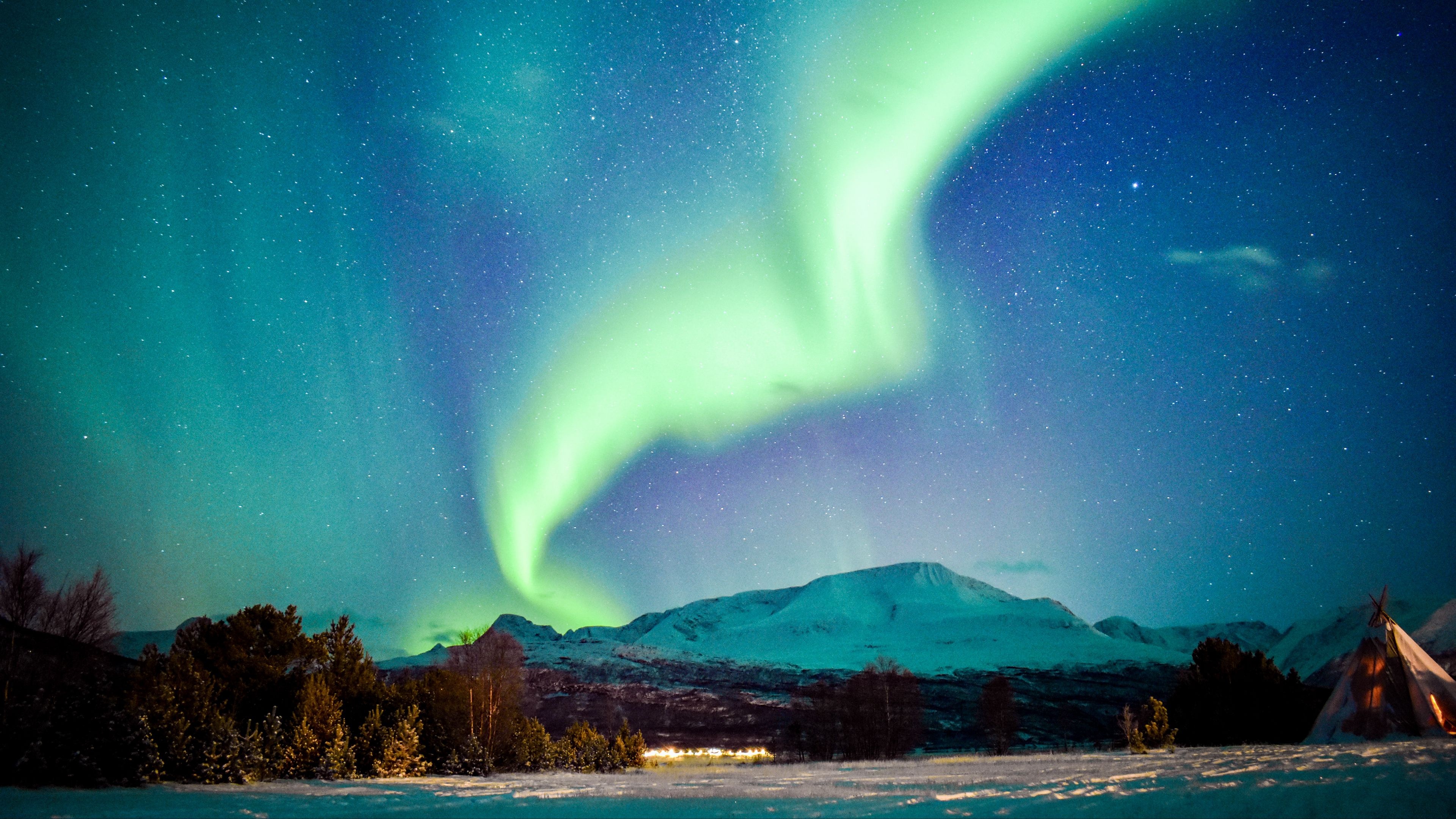 Aurora borealis night sky, Snow-covered mountain range, Illuminated tipi tent, 4K Desktop wallpaper