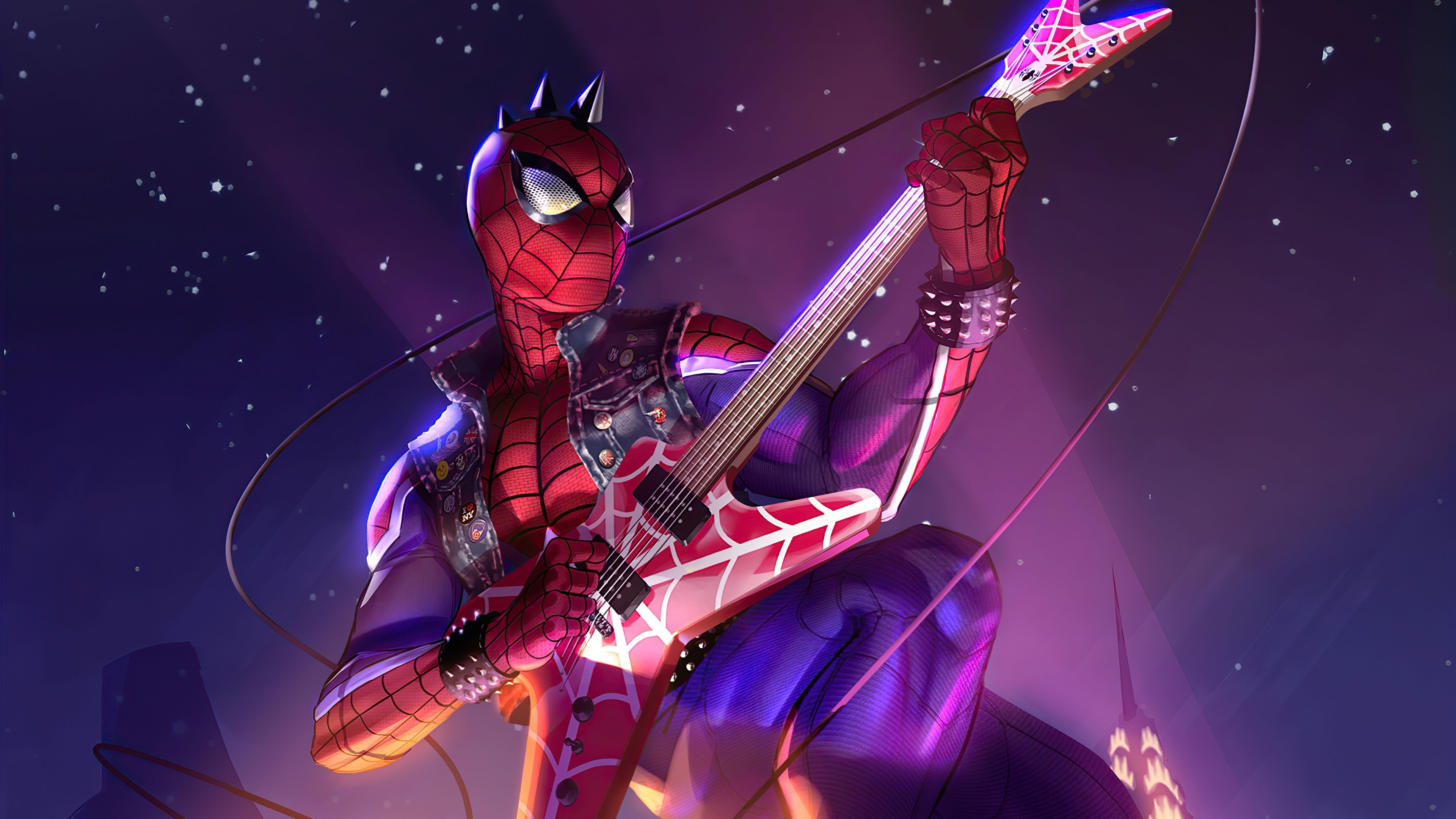 Marvel's Spider-Man, Spider-Punk (Hobie Brown), Playing electric guitar, Studded denim vest, Purple neon lighting, 4K Desktop wallpaper
