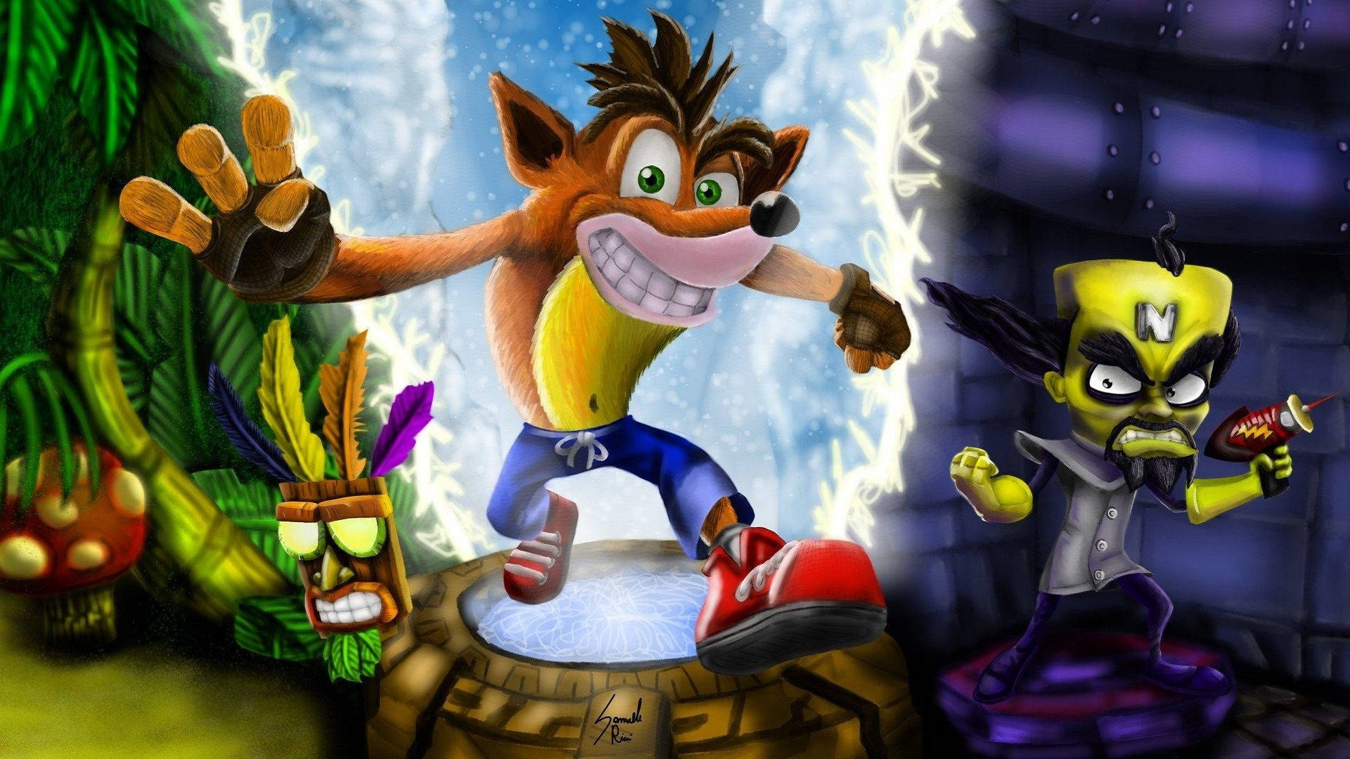 Crash Bandicoot, Doctor Neo Cortex, Aku Aku mask, Warp Room portal, Full HD Desktop wallpaper