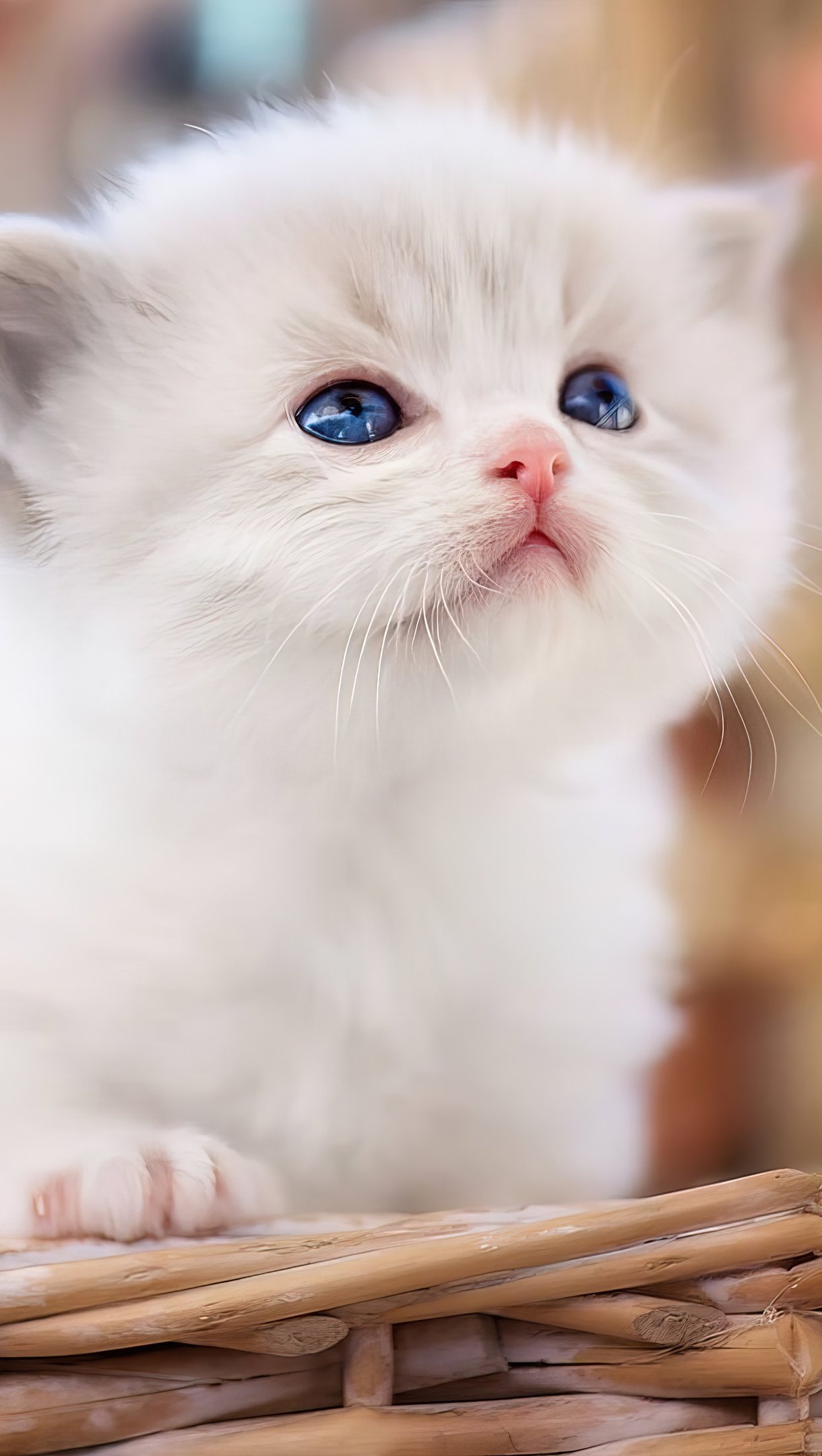 blue-eyed white kitten, woven wicker basket, fluffy white fur, HD Phone wallpaper