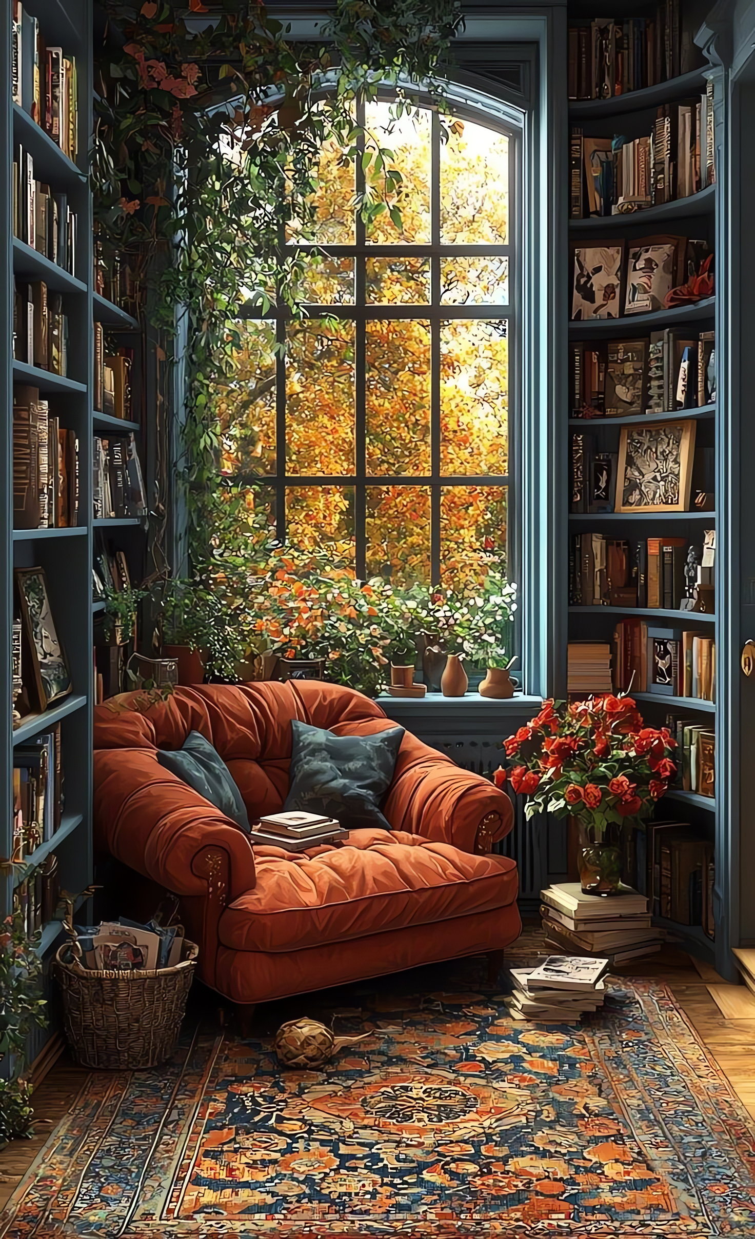Cozy Library, Book Shelves, Big Window, Autumn, Phone Wallpaper