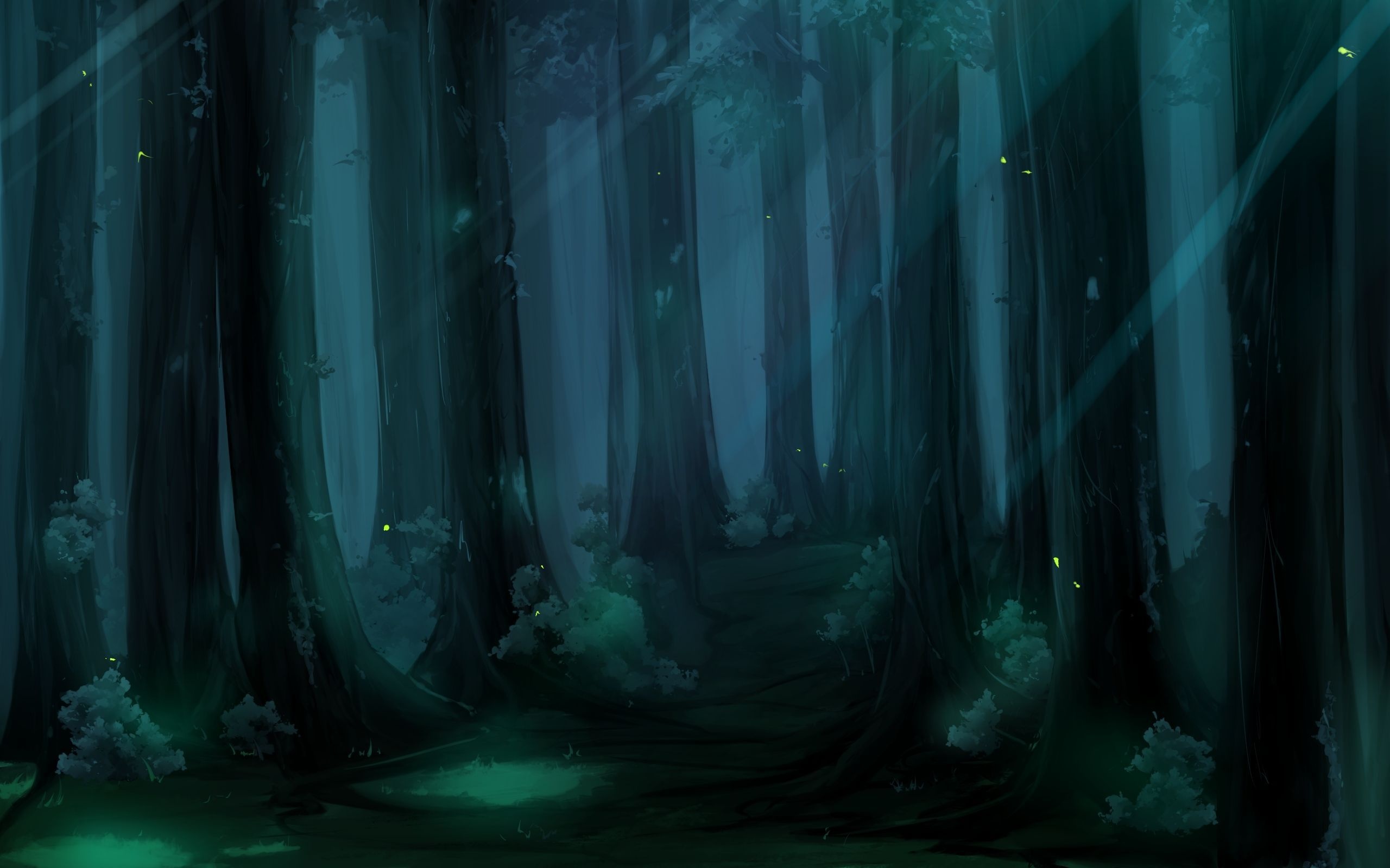 dark mystical forest, glowing fireflies, eerie moonlight rays, HD Desktop wallpaper