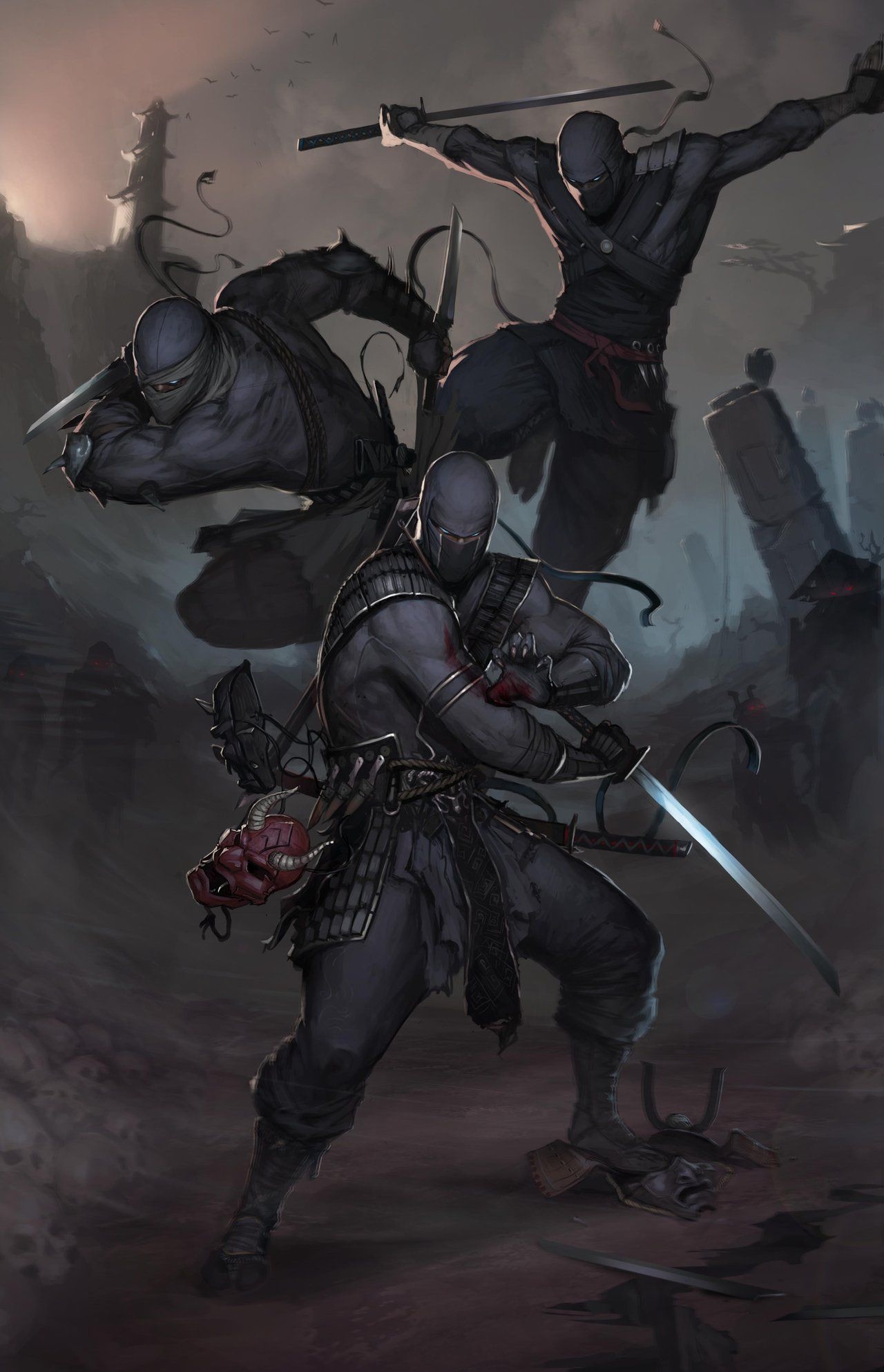 Masked shinobi assassins, Gleaming katana sword, Red Oni mask, HD Phone wallpaper