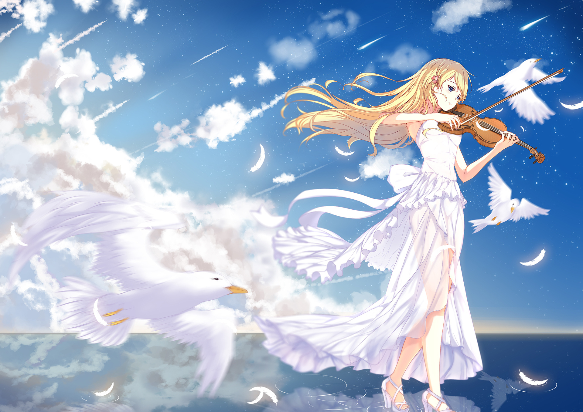 Kaori Miyazono, Violin performance, Flying white birds, HD Desktop wallpaper