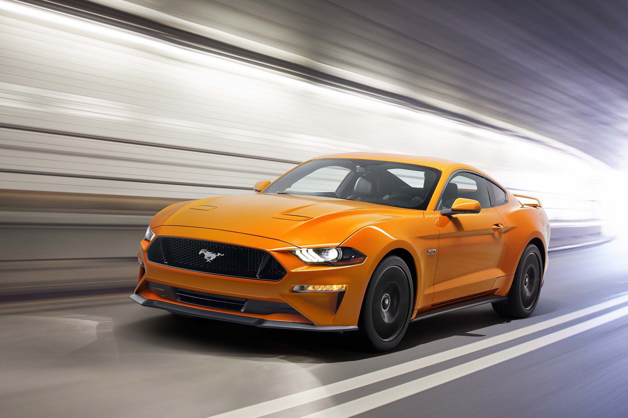 Ford Mustang GT, Motion blur tunnel, Orange Fury paint, HD Desktop wallpaper
