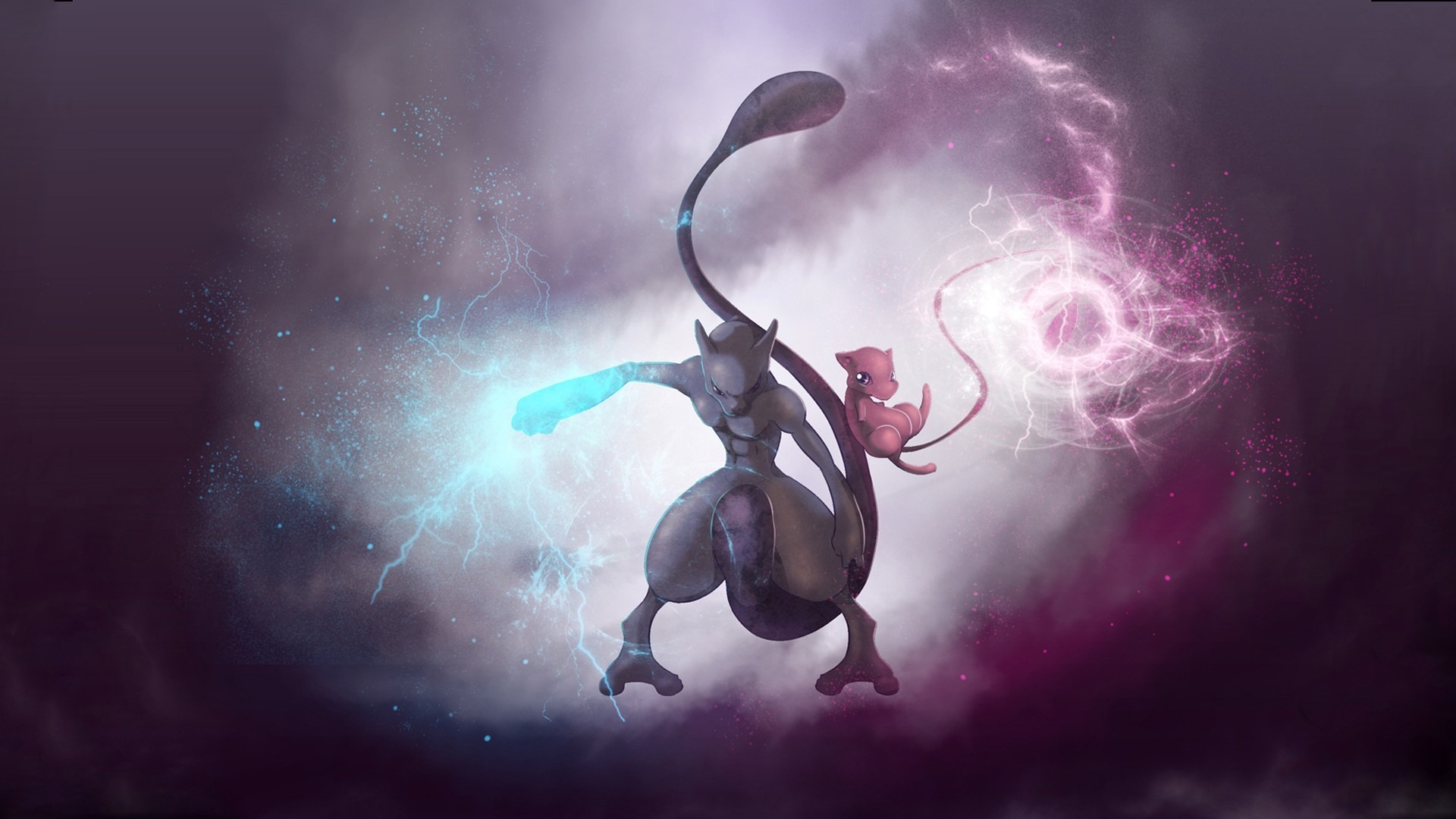 Mewtwo, Mew, Kanto, Psychic energy blast, Purple nebula, Full HD Desktop wallpaper