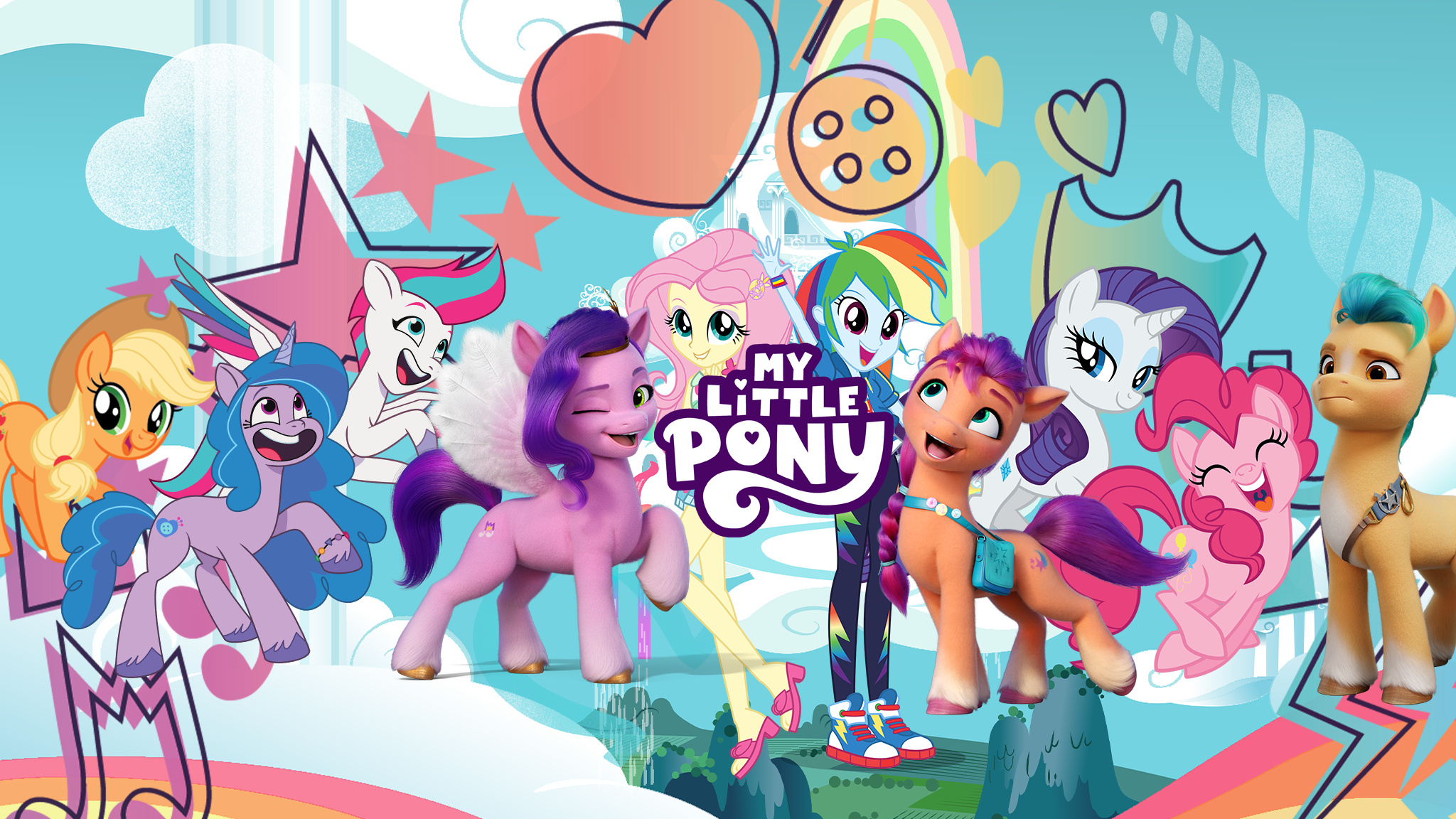 Sunny Starscout, Princess Pipp Petals, Izzy Moonbow, Equestria Girls Rainbow Dash, My Little Pony logo, HD Desktop wallpaper