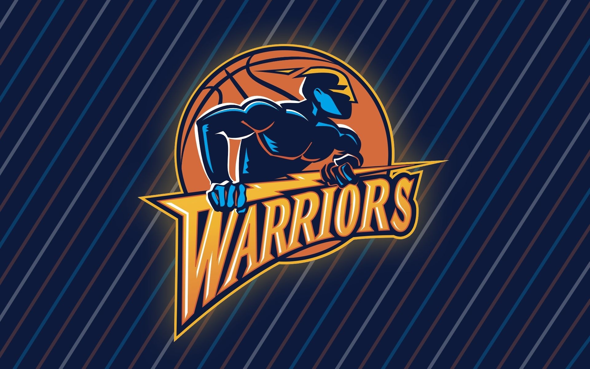 Golden State Warriors logo, Armored warrior mascot emblem, Navy pinstriped backdrop, HD Desktop wallpaper