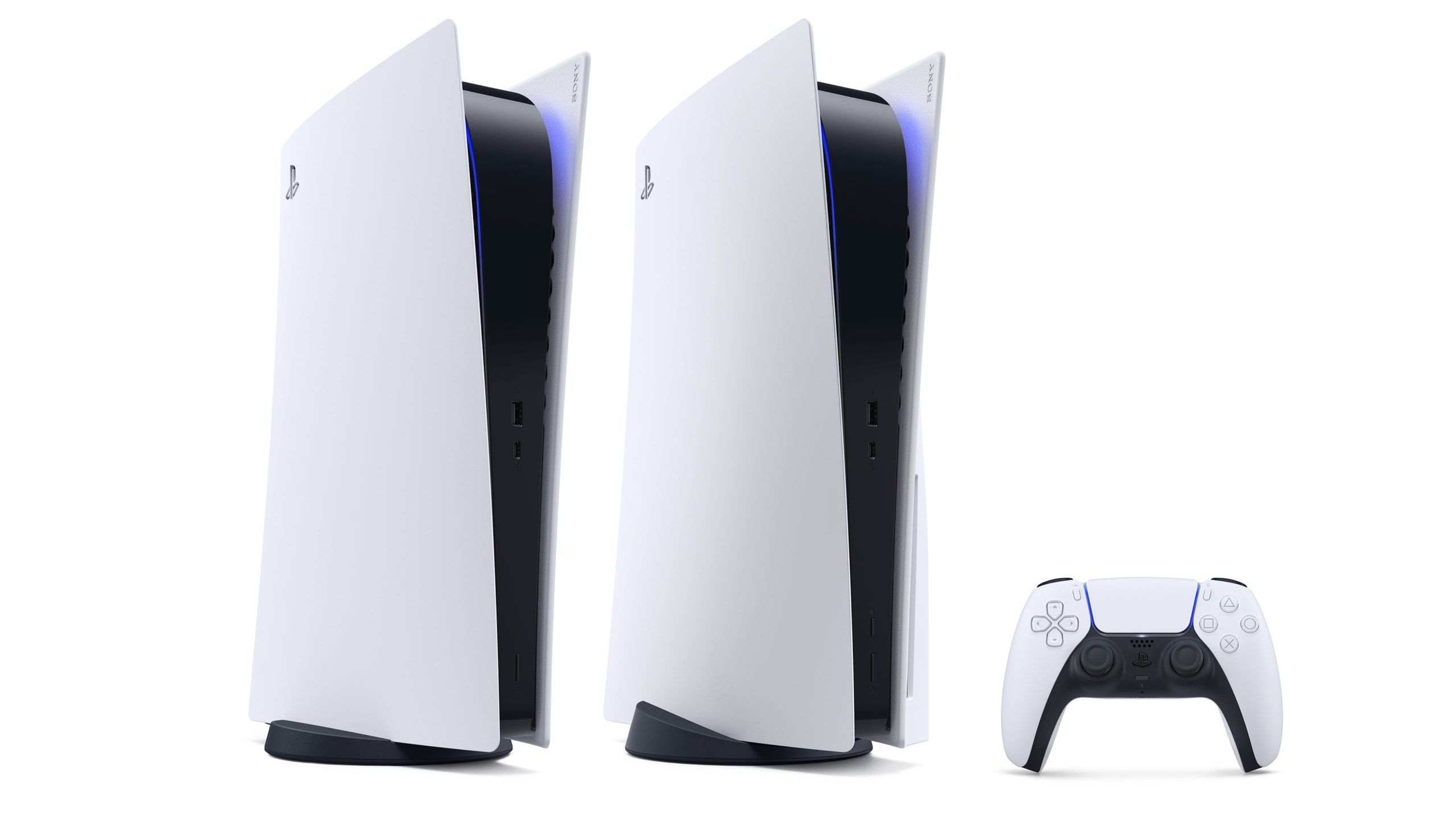 Twin PlayStation 5 consoles, DualSense wireless controller, White studio backdrop, HD Desktop wallpaper