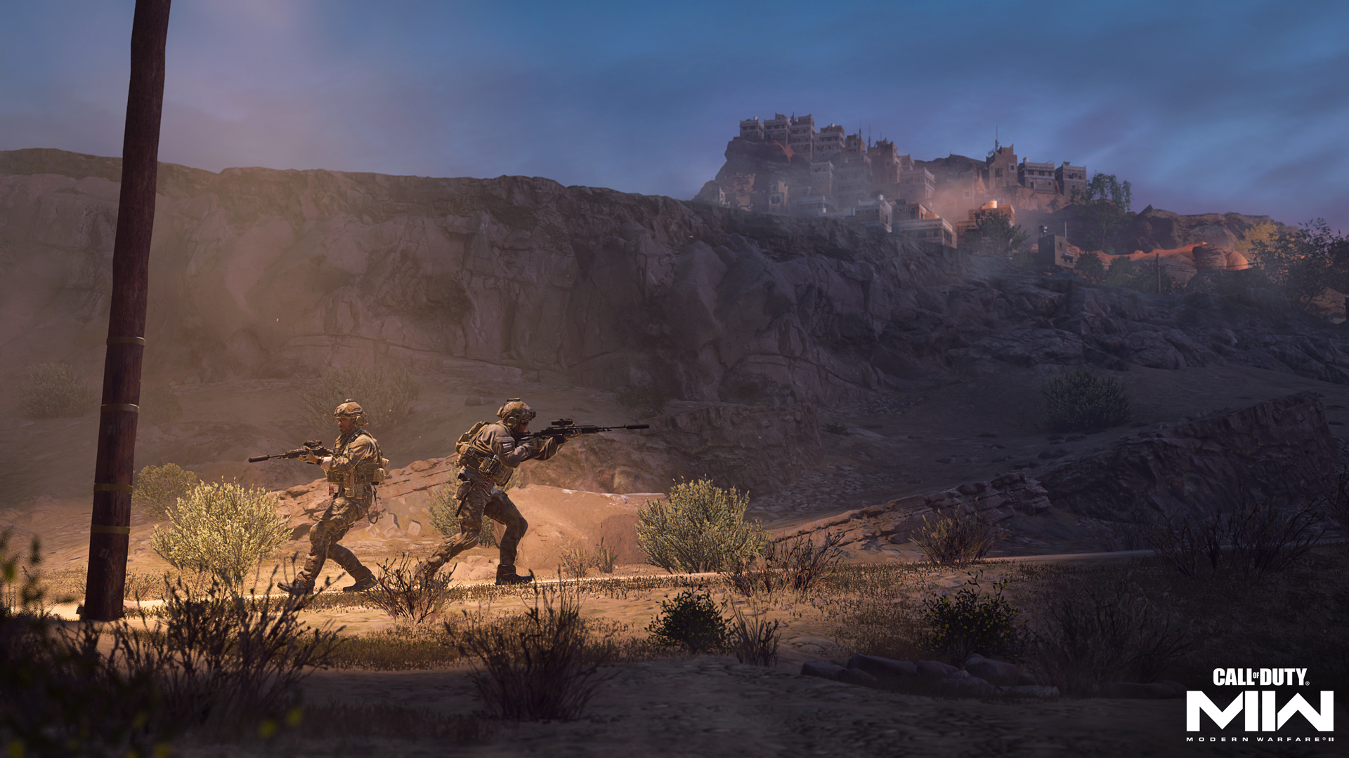 Call of Duty: Modern Warfare II logo, Desert mountain military patrol, Hillside desert village outpost, Full HD Desktop wallpaper