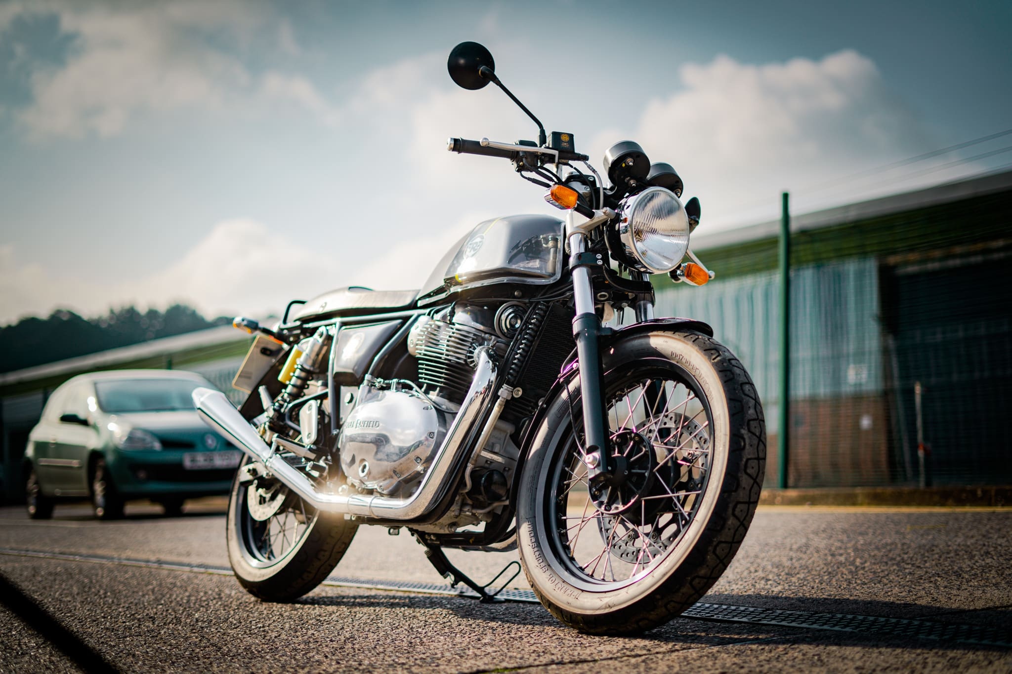Royal Enfield Continental GT 650, Renault Clio hatchback, Chrome motorcycle exhaust, HD Desktop wallpaper
