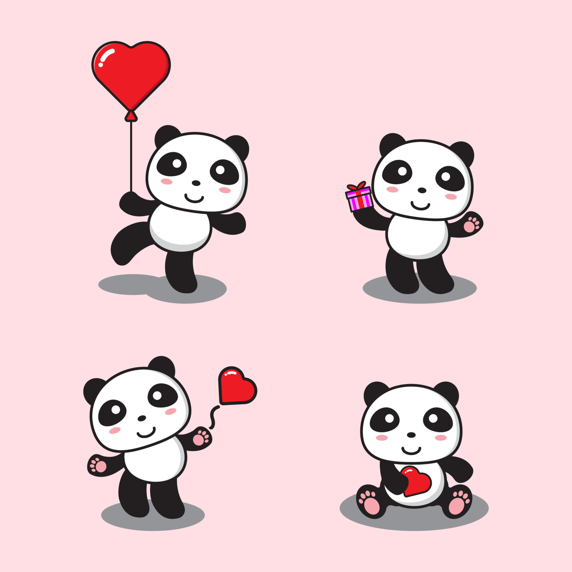 Kawaii cartoon panda illustration, Heart-shaped balloon, Pink gift box, Pastel pink background, HD Phone wallpaper