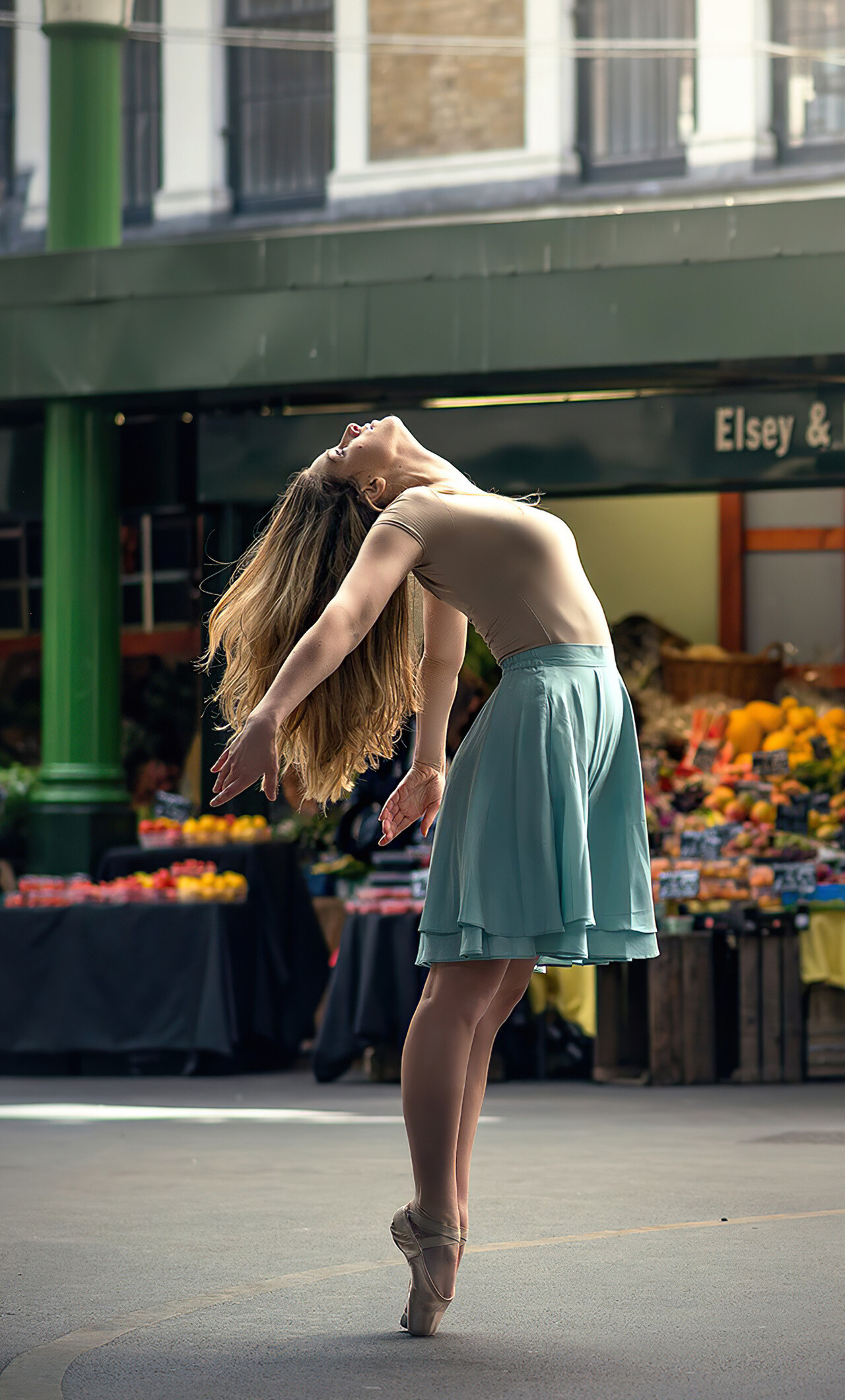 Ballerina, Graceful poses, Market backdrop, Elegant beauty, 1280x2120 HD Phone