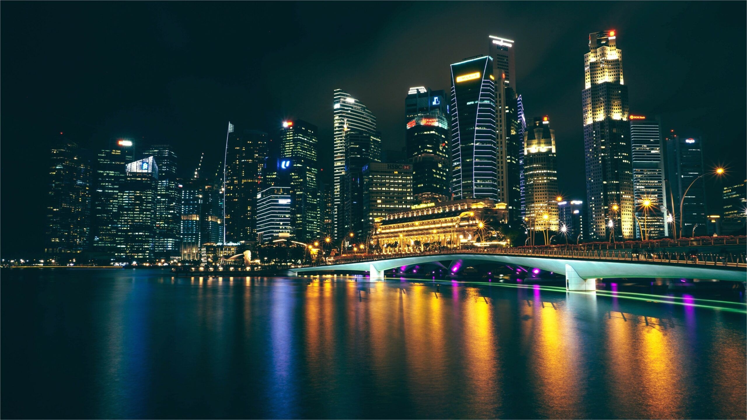Singapore Marina Bay skyline, The Fullerton Hotel Singapore, illuminated Esplanade Bridge, HD Desktop wallpaper
