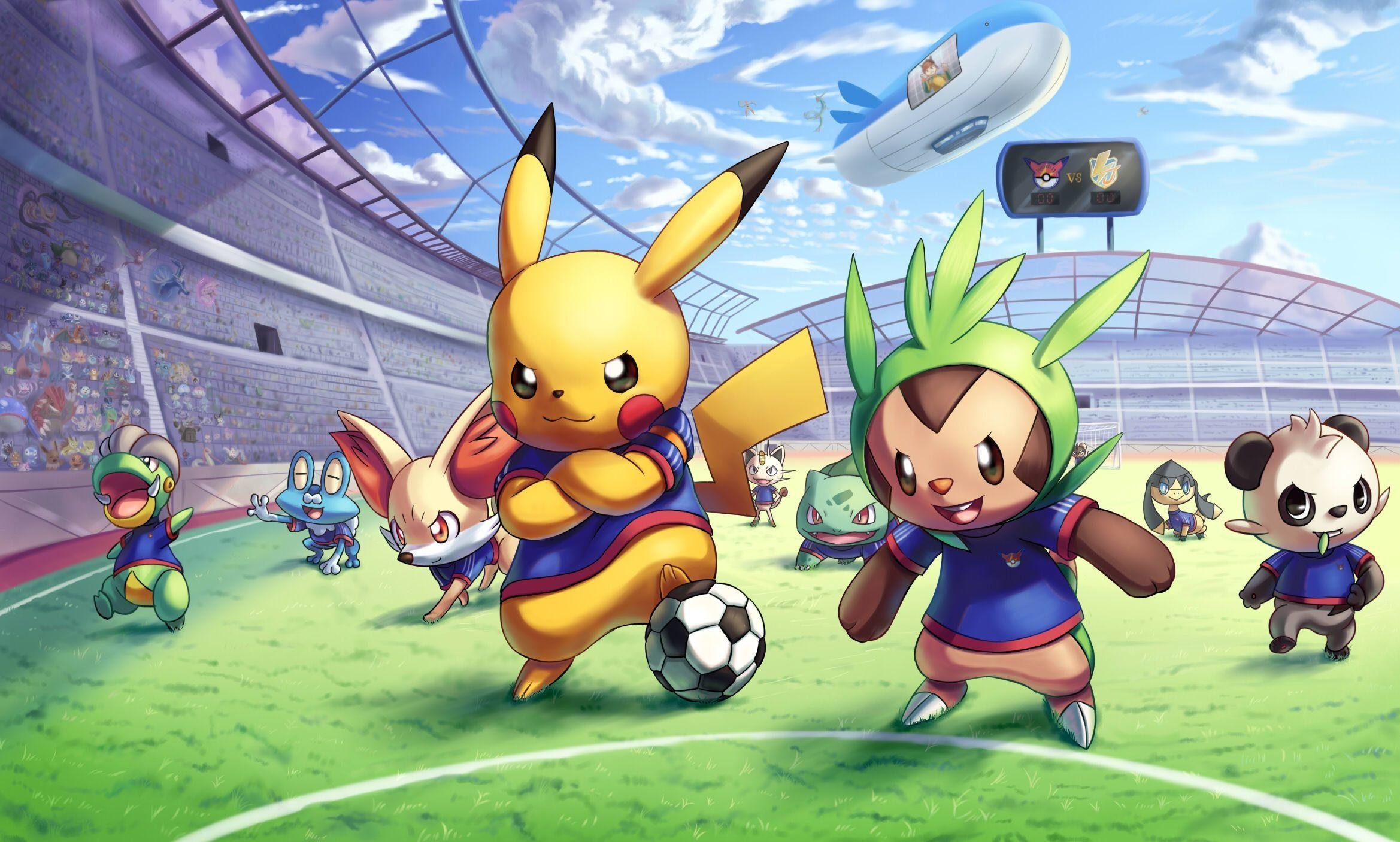 Pikachu, Chespin, Fennekin, Pancham, soccer stadium, HD Desktop wallpaper