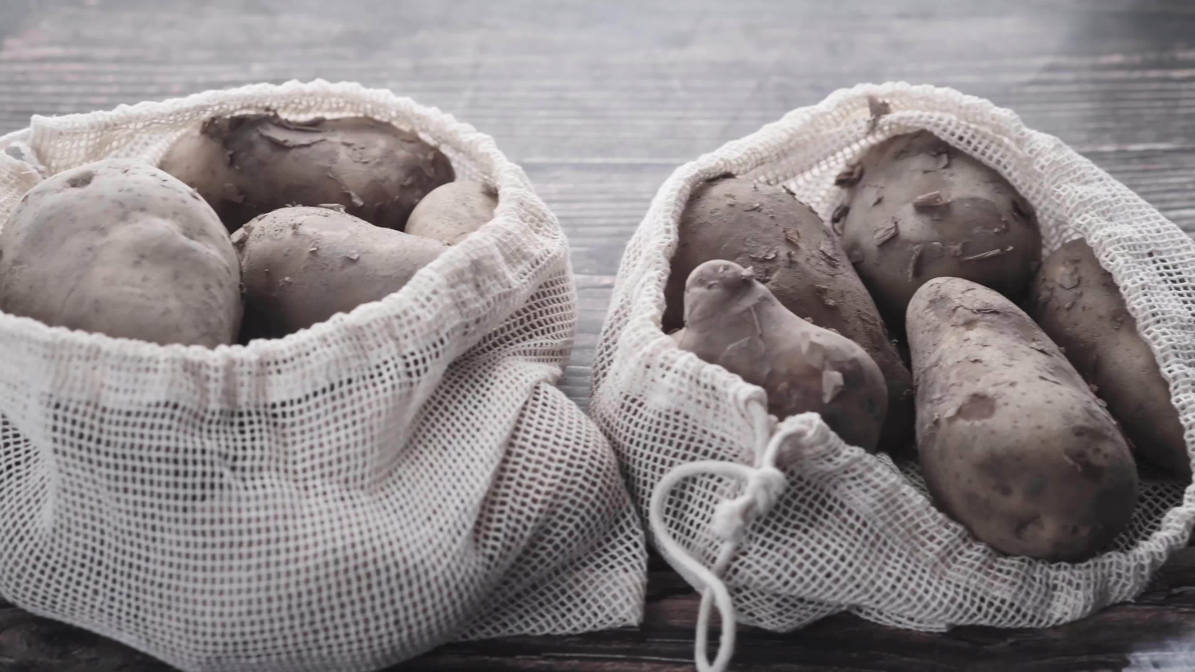 Slice of raw potato, Shopping bag prop, Table setting, Stock video footage, 3840x2160 4K Desktop