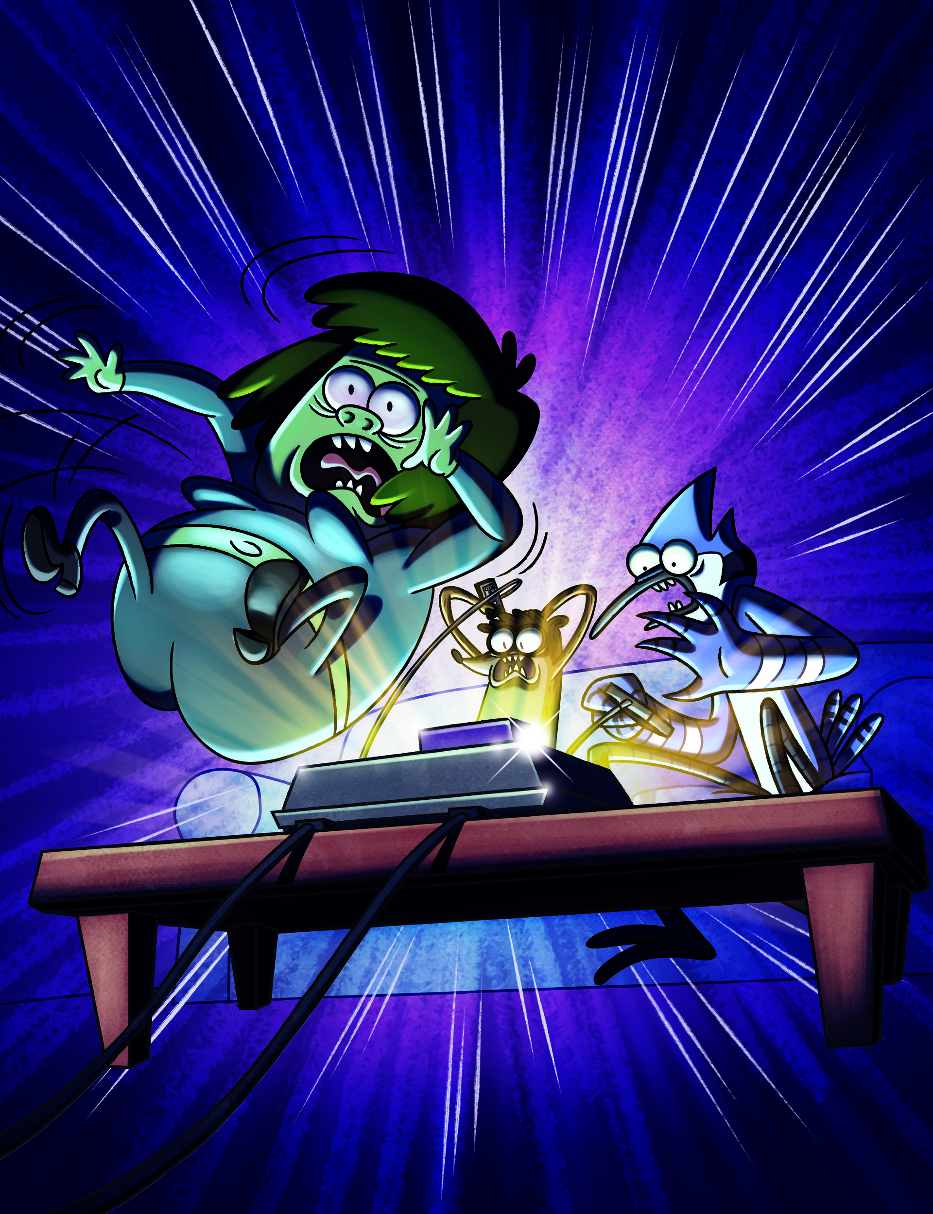 Muscle Man screaming, Rigby at glowing console, Mordecai in blue stage light, Regular Show, HD Phone wallpaper
