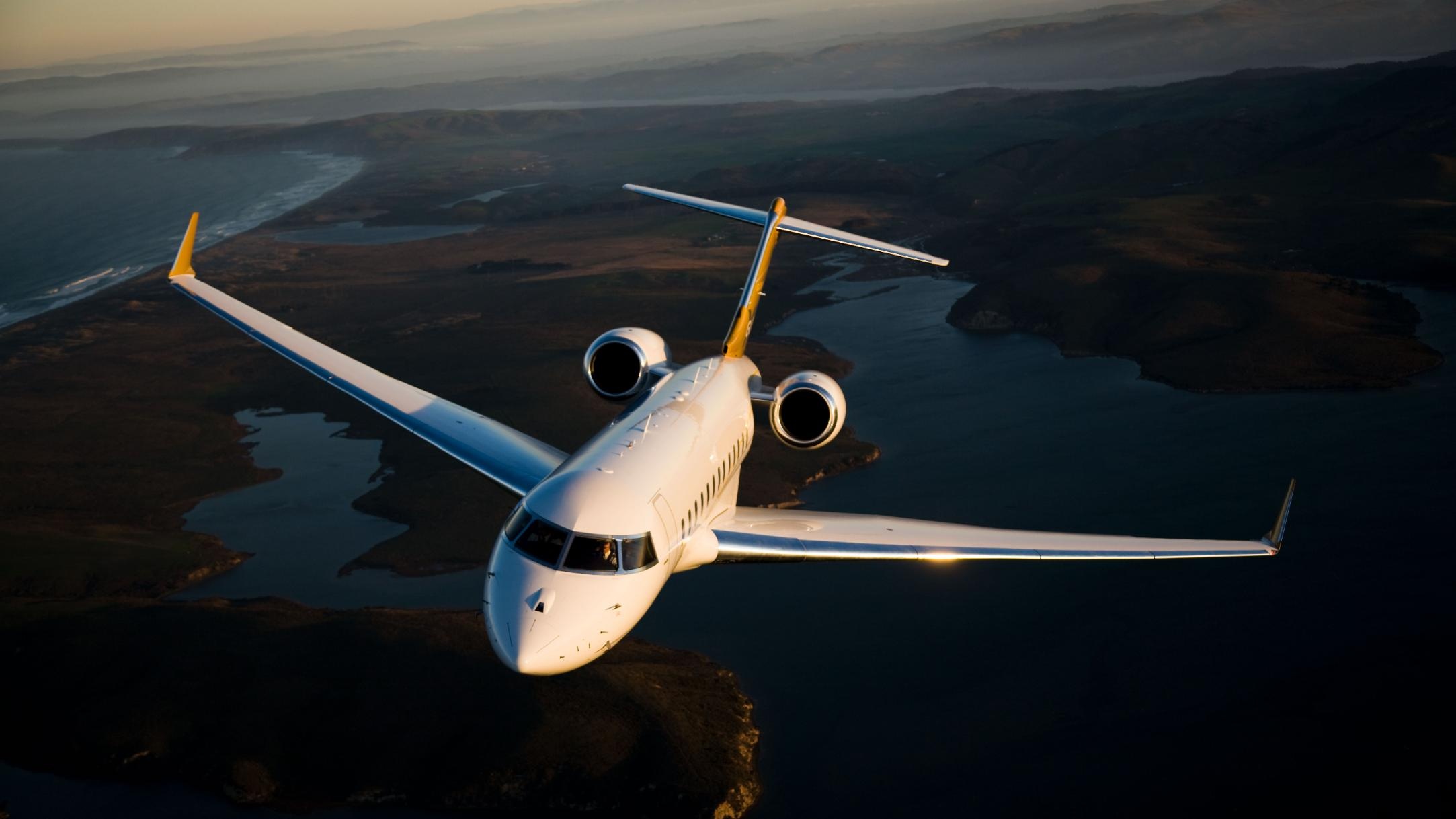 Bombardier Challenger 350, Coastal sunset flight, Aerial landscape view, HD Desktop wallpaper