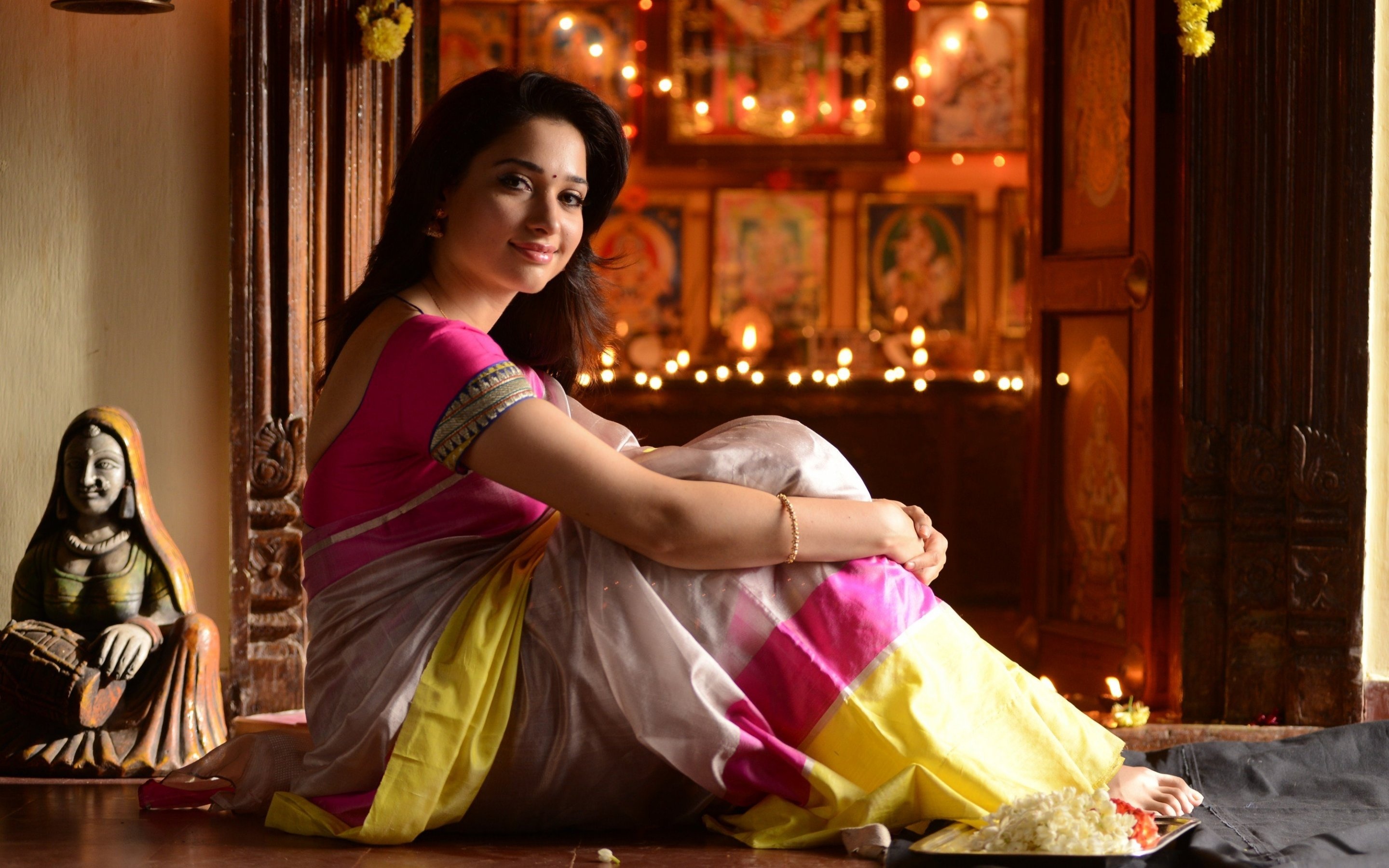 Tamannaah Bhatia, Traditional silk sari, Puja room diya lights, HD Desktop wallpaper