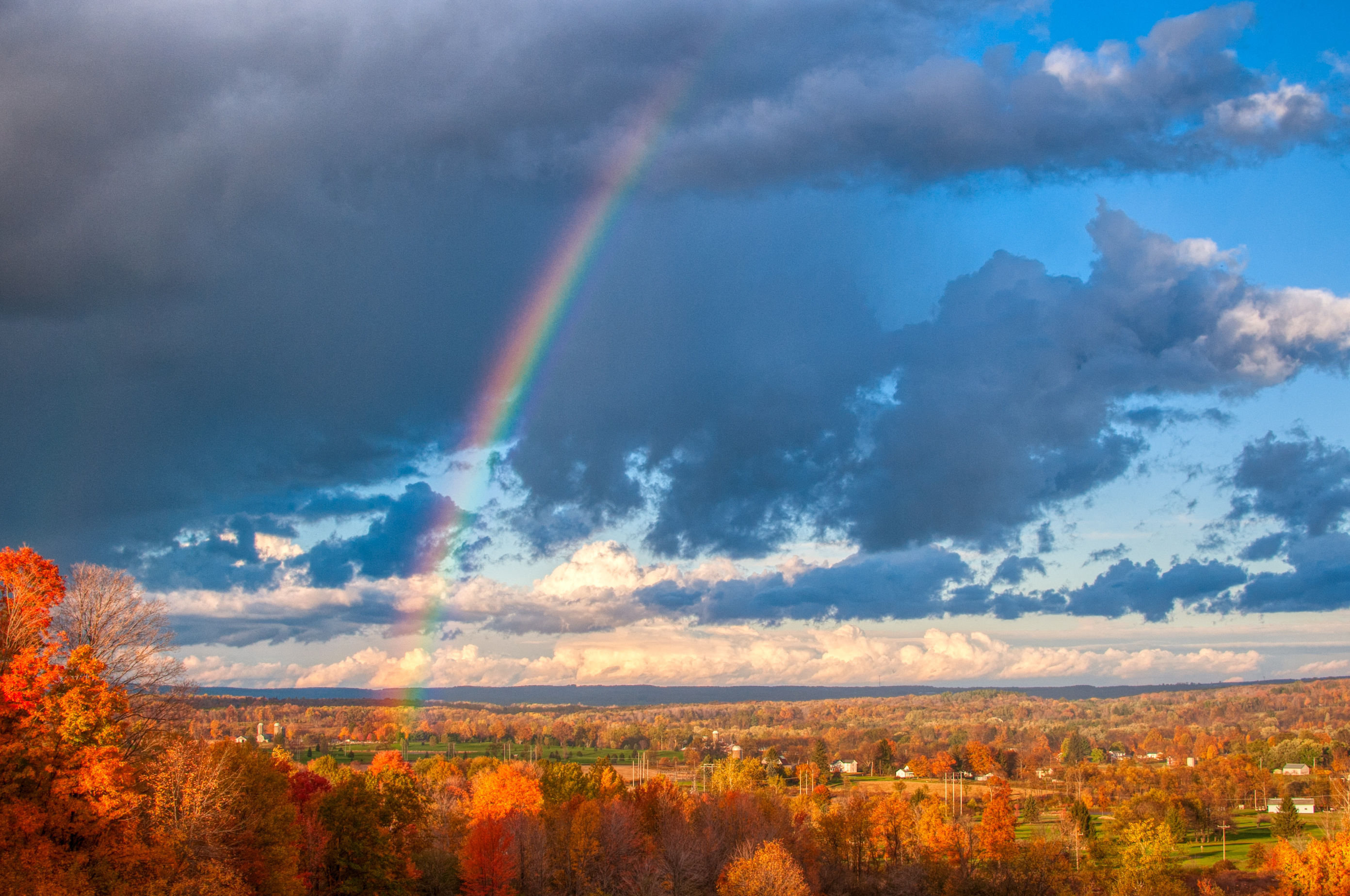Rainbow in stormy sky, Autumn foliage landscape, Rural countryside valley, HD Desktop wallpaper
