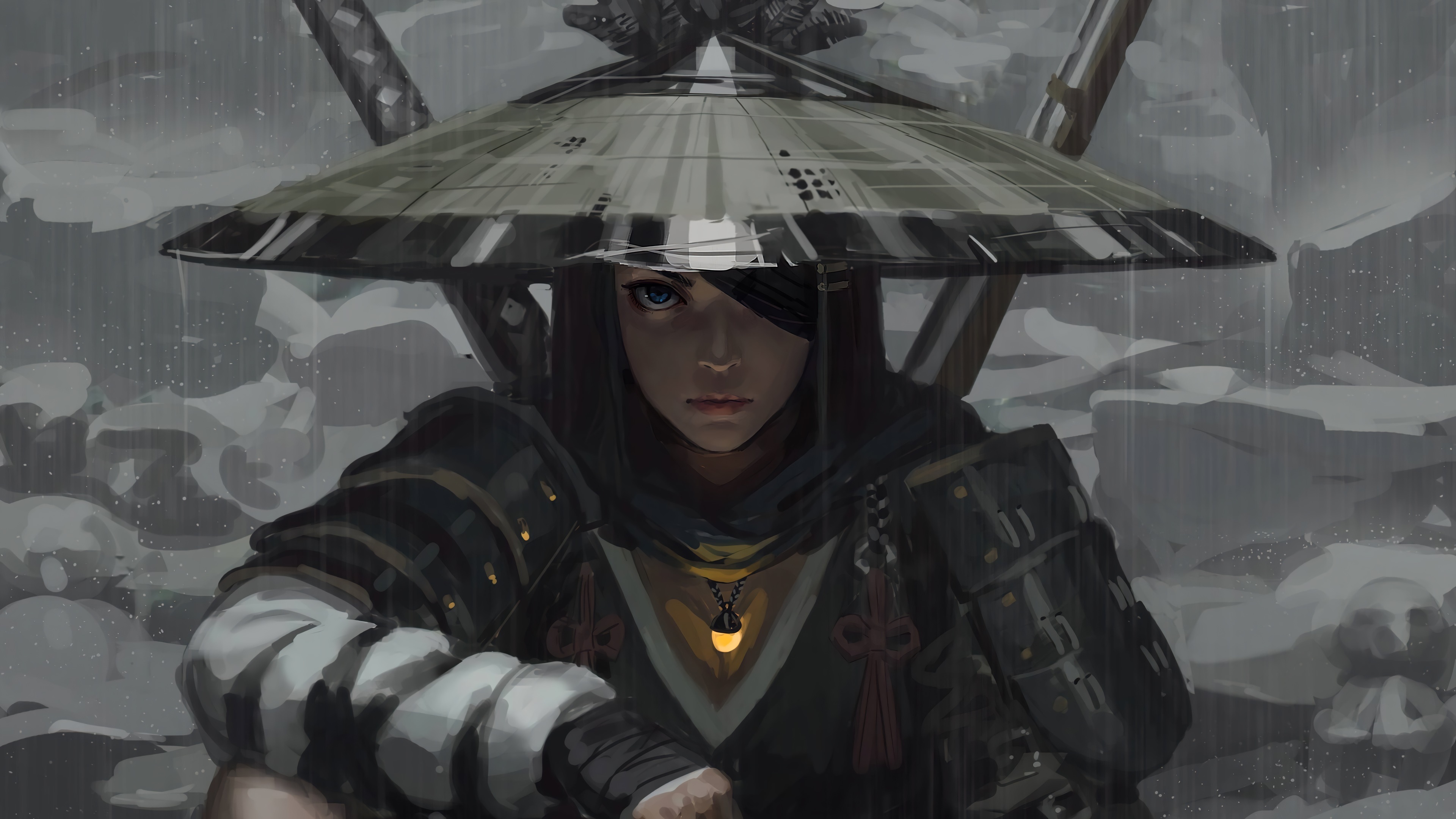 Female samurai warrior, Woven conical kasa hat, Glowing amber pendant, 4K Desktop wallpaper