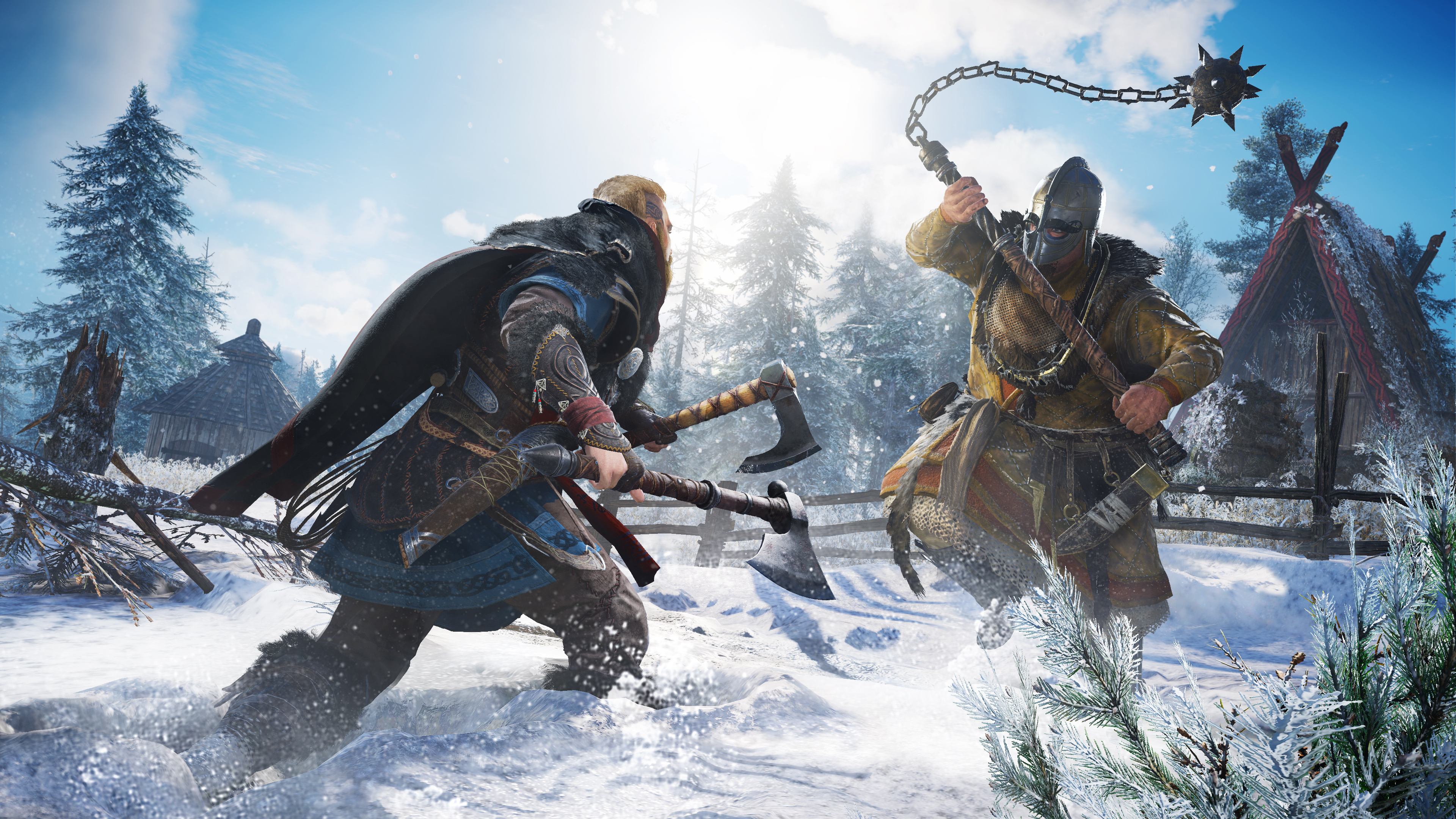 Eivor in Assassin's Creed Valhalla, Saxon soldier swinging flail, Snowy Viking settlement battlefield, 4K Desktop wallpaper