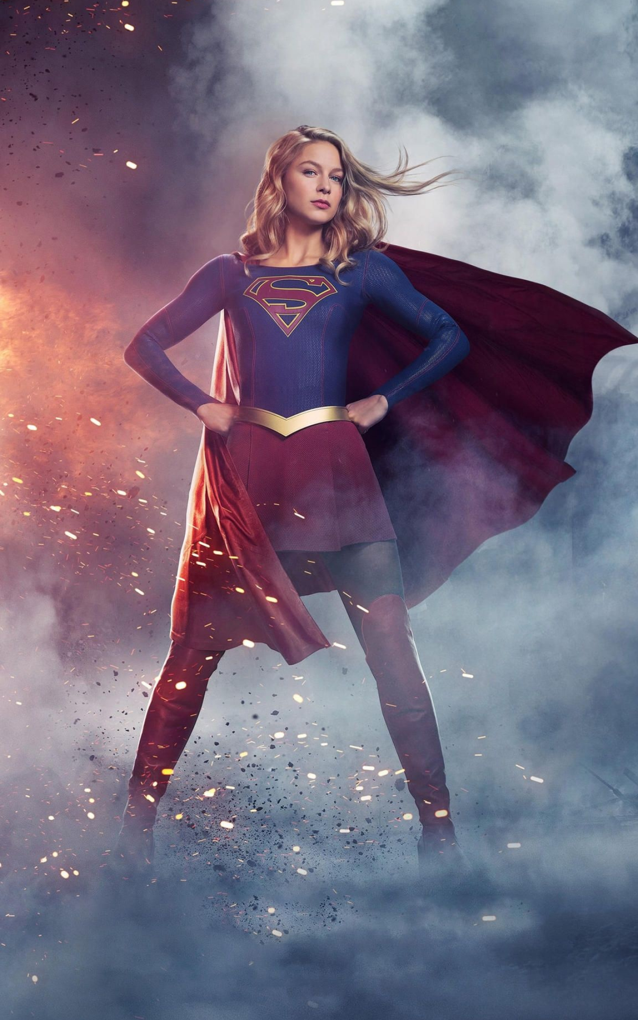 Melissa Benoist as Supergirl, House of El symbol suit, Billowing red cape with embers, HD Phone wallpaper