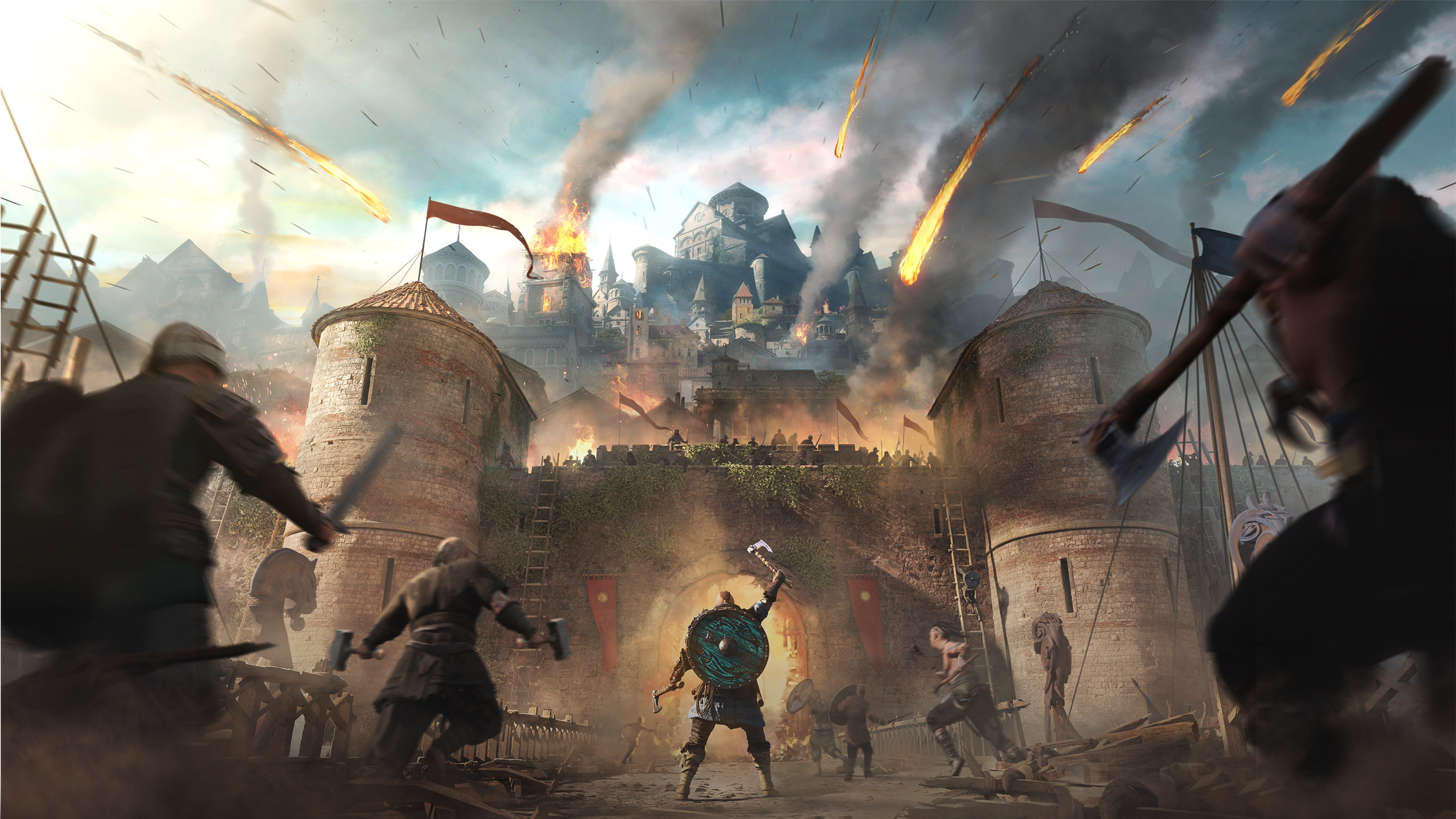 Assassin's Creed Valhalla: The Siege of Paris, Eivor leading fortress assault, Burning medieval fortress wall, 4K Desktop wallpaper