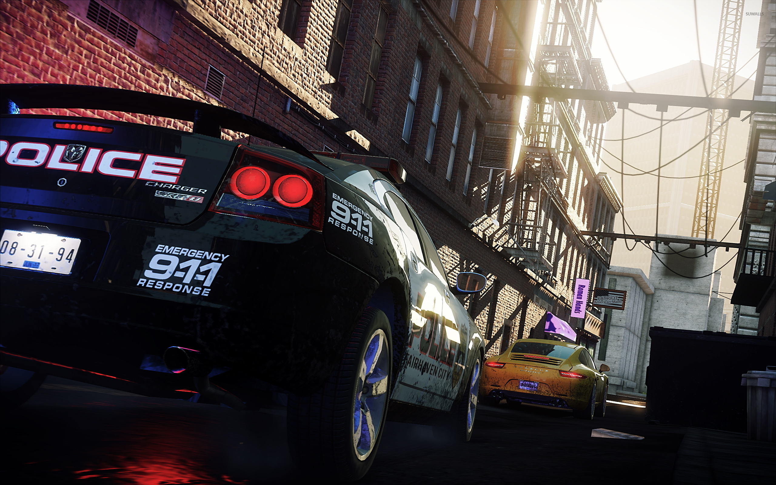 Dodge Charger SRT8 police cruiser, Porsche 911 Carrera S, Fairhaven City alleyway, HD Desktop wallpaper