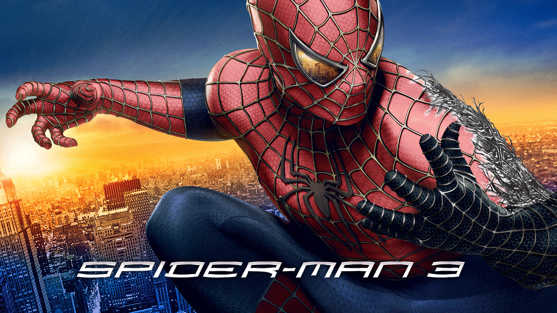 Spider-Man symbiote suit, Spider-Man 3 logo, New York City skyline, Full HD Desktop wallpaper