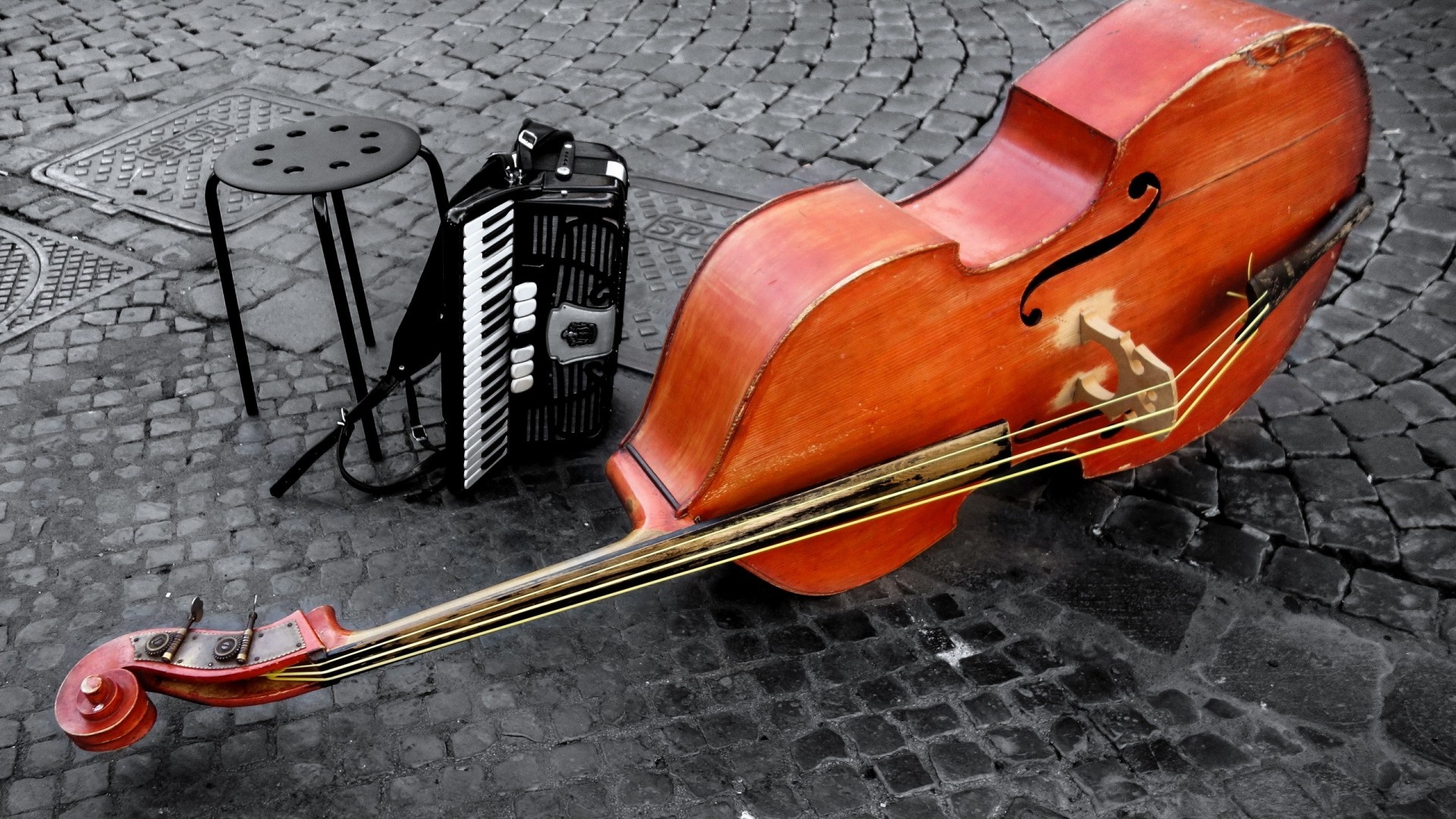 Download wallpaper chair, Street cello accordion, Bass double accordion, And cello download, 1920x1080 Full HD Desktop