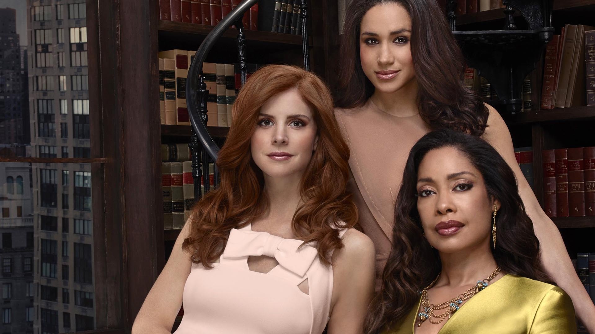 Donna Paulsen, Rachel Zane, Jessica Pearson, law library, Full HD Desktop wallpaper