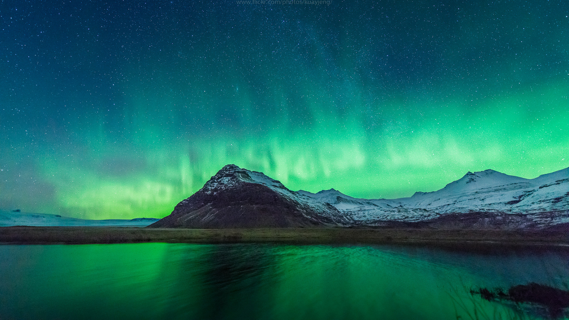 Green Aurora Borealis, Snow-capped mountain range, Calm reflective lake, Full HD Desktop wallpaper