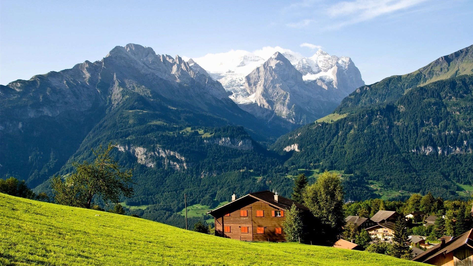 Traditional Swiss chalet, Snow-capped Swiss Alps, Green alpine hillside, Full HD Desktop wallpaper