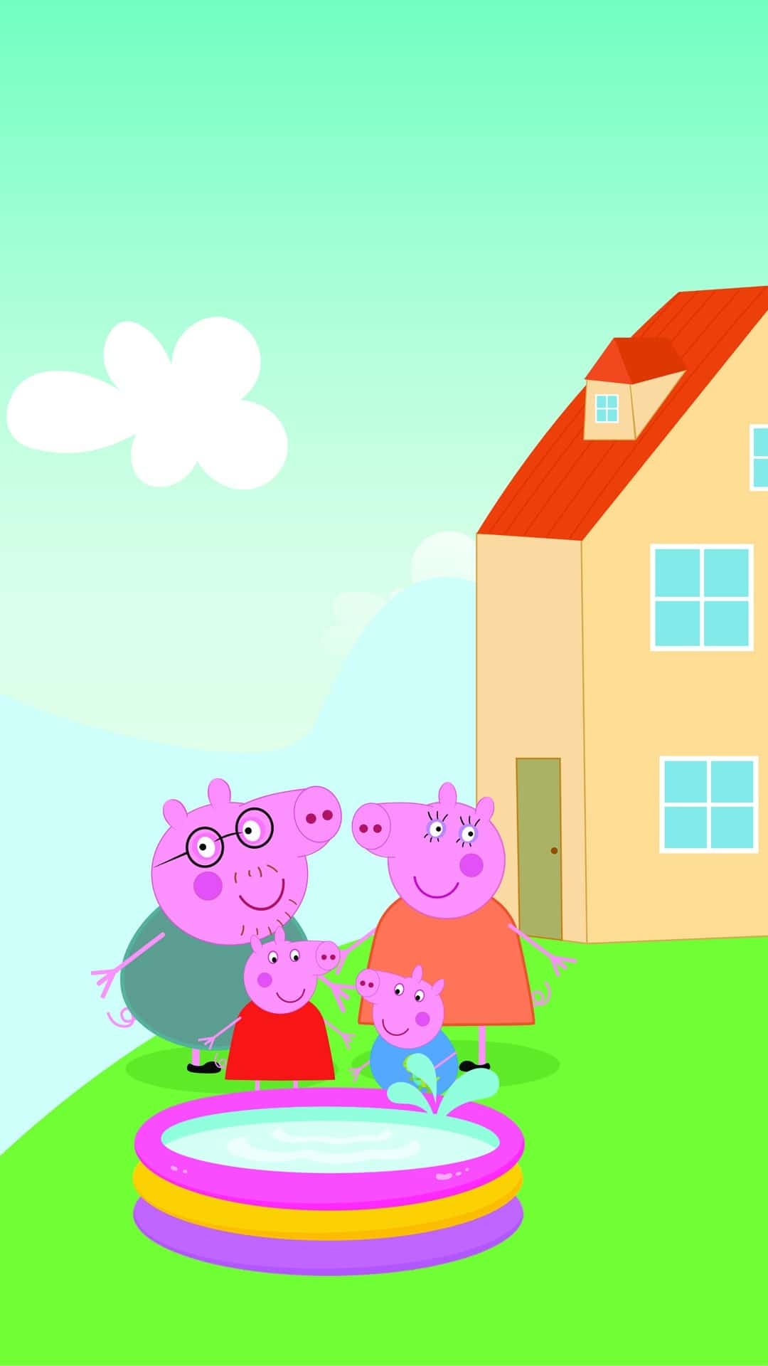 Peppa Pig family, Peppa Pig yellow house, Inflatable paddling pool, Full HD Phone wallpaper