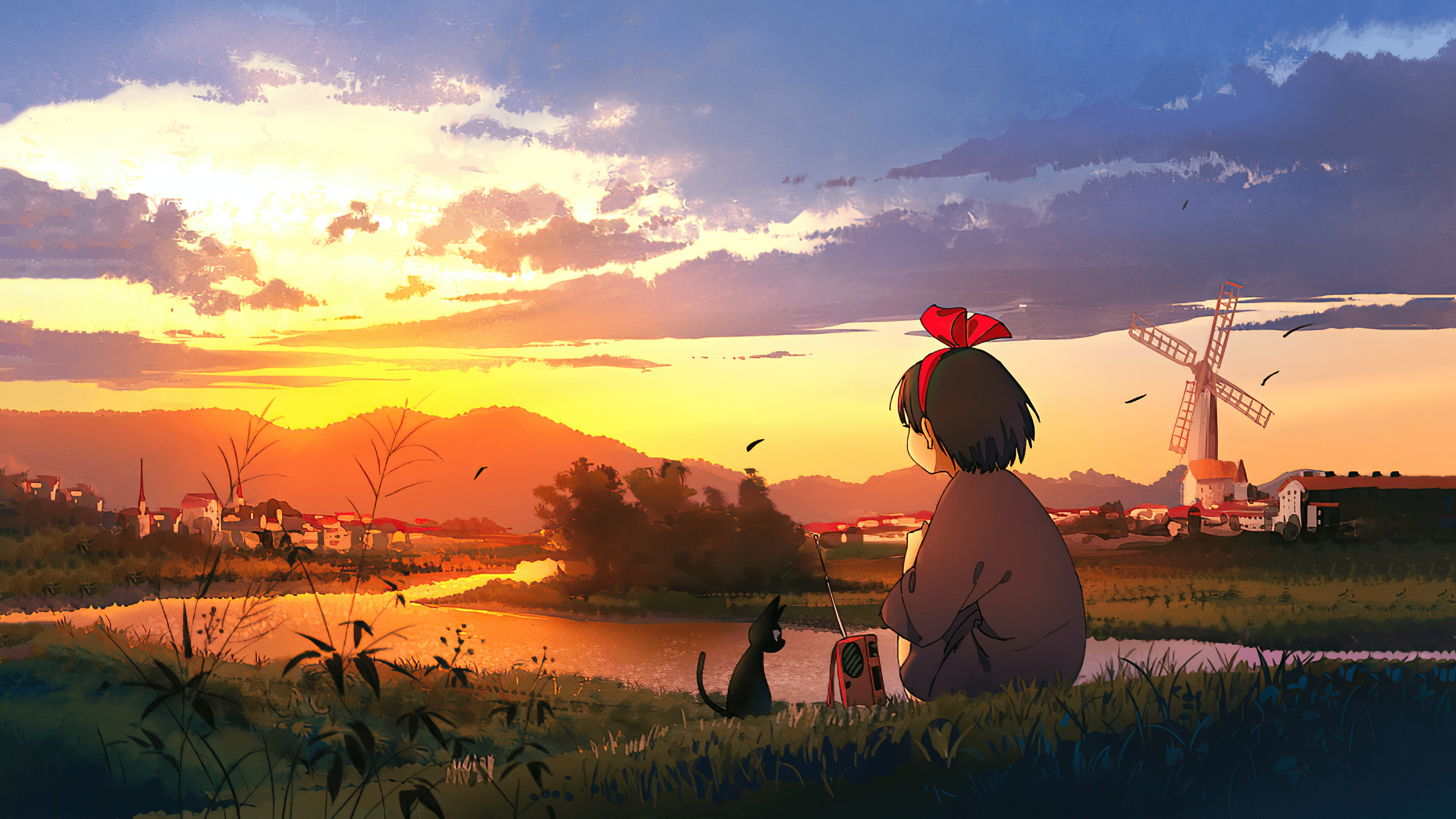 Kiki's Delivery Service, Sunset wallpaper, Silhouette of Kiki, Magical twilight, 3840x2160 4K Desktop