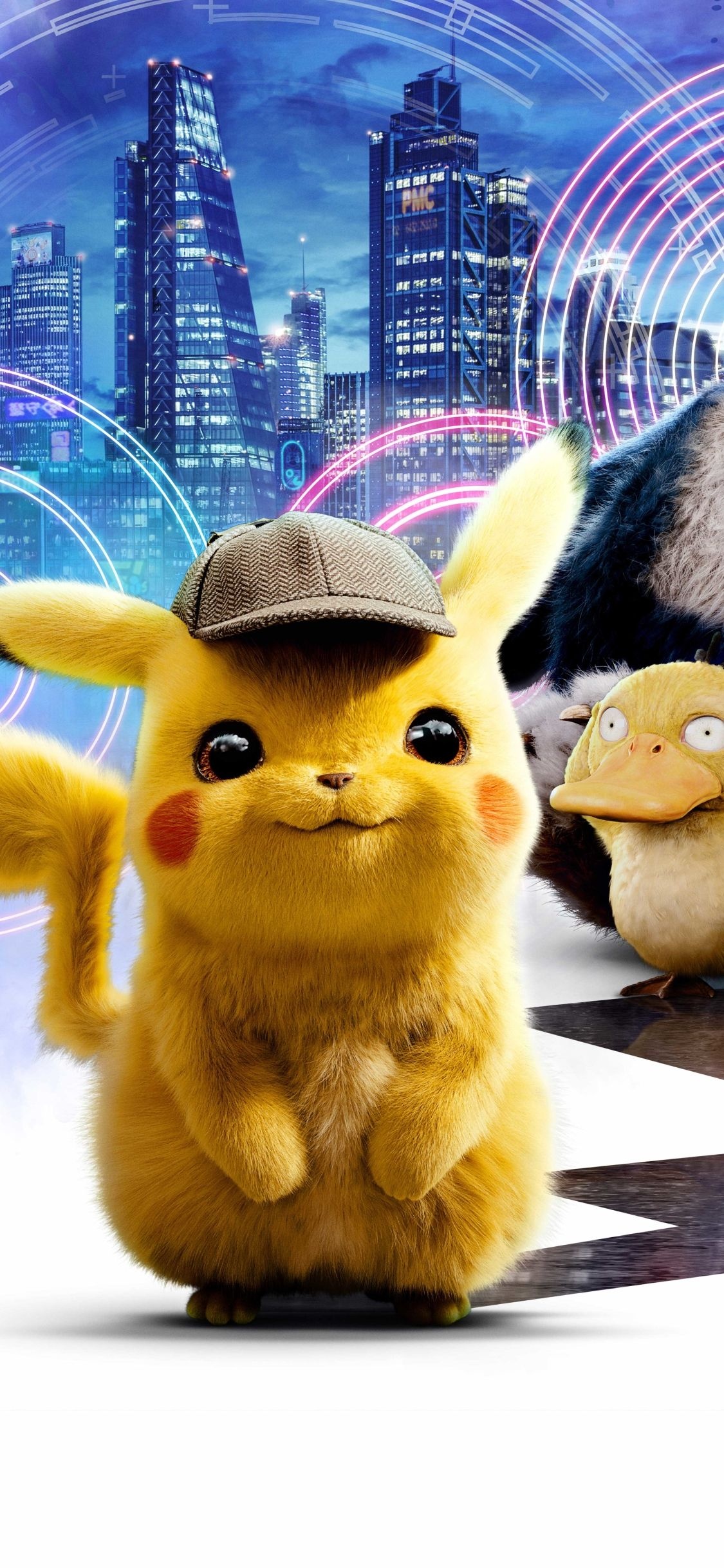 Detective Pikachu, Psyduck, Ryme City skyscrapers, HD Phone wallpaper