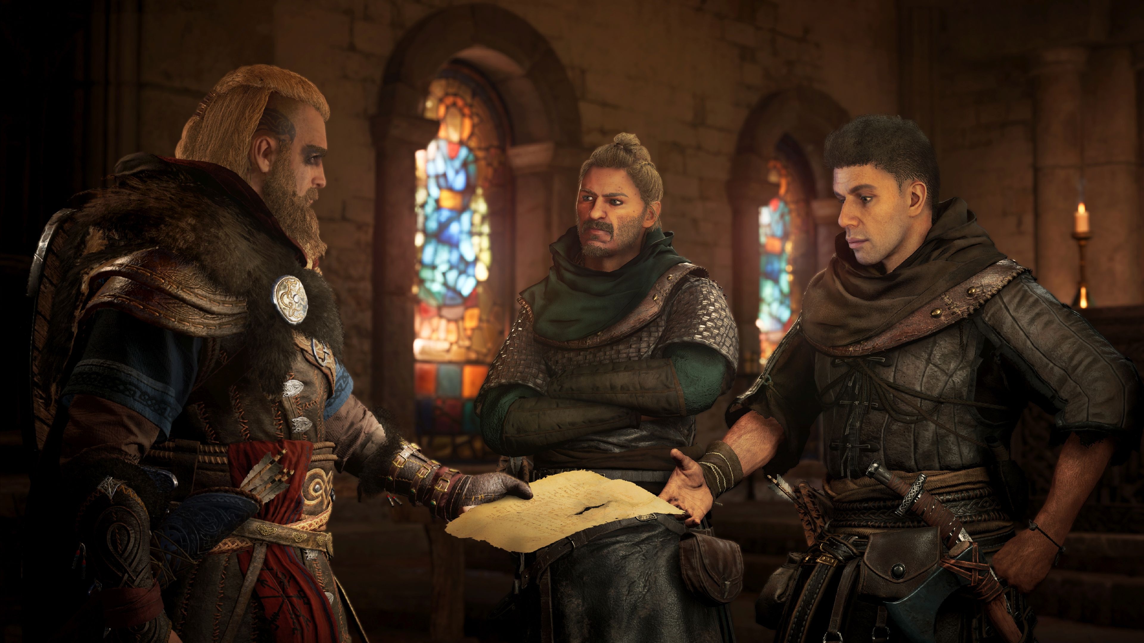 Male Eivor, Parchment letter handover, Stained glass church interior, Assassin's Creed Valhalla, 4K Desktop wallpaper