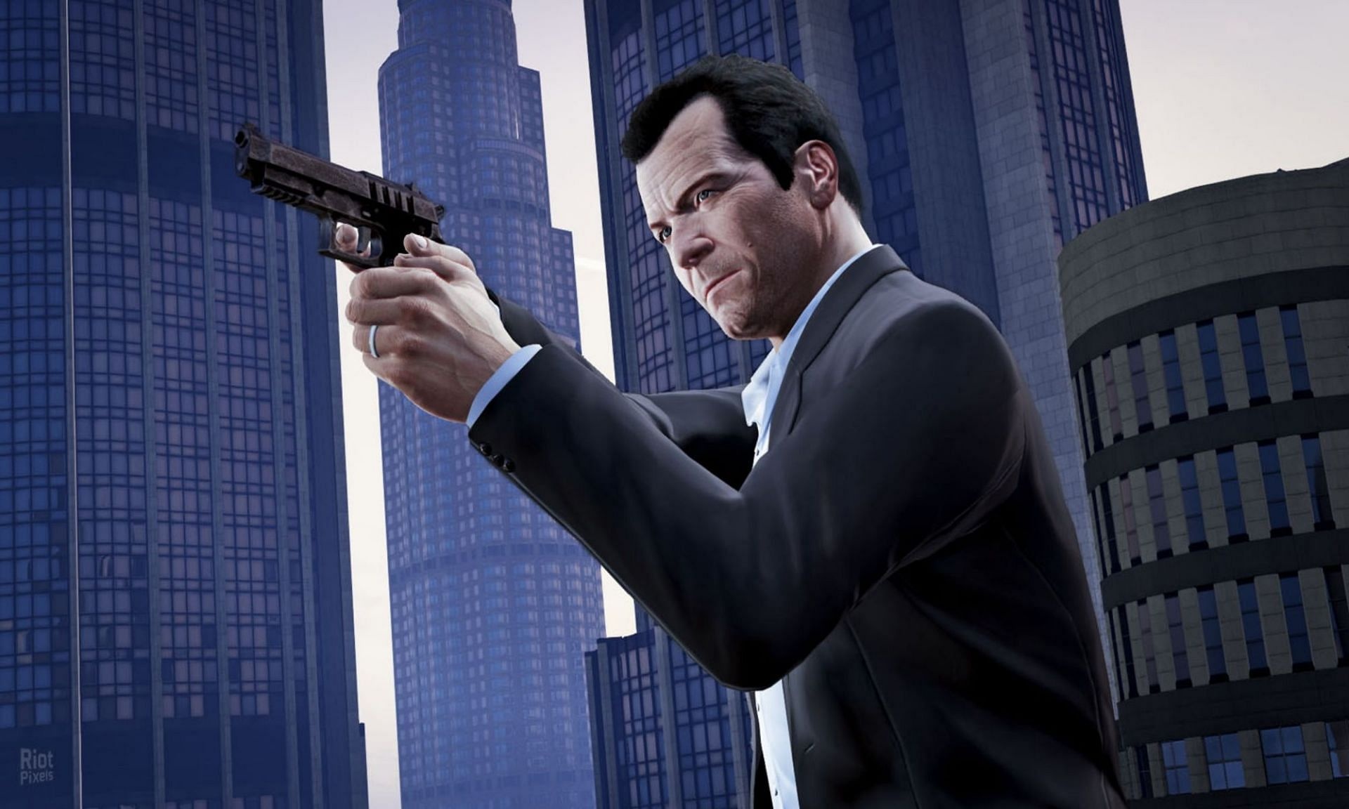 Michael De Santa aiming pistol, Los Santos downtown skyscrapers, Grand Theft Auto V render, HD Desktop wallpaper