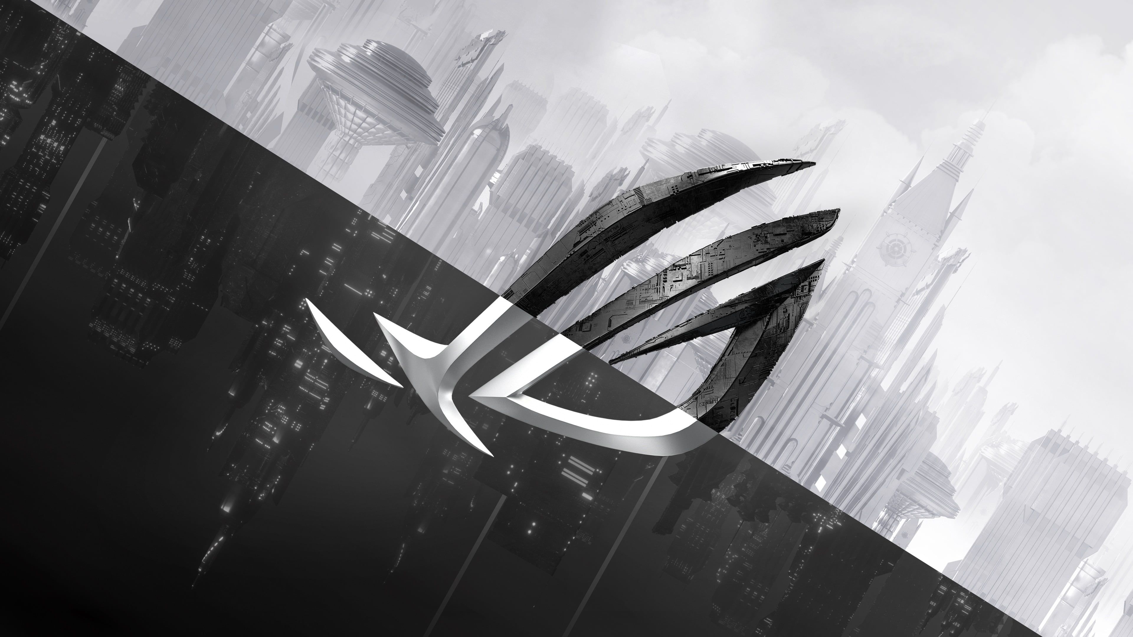 ASUS Republic of Gamers logo, Futuristic city skyline, Monochrome diagonal split, 4K Desktop wallpaper