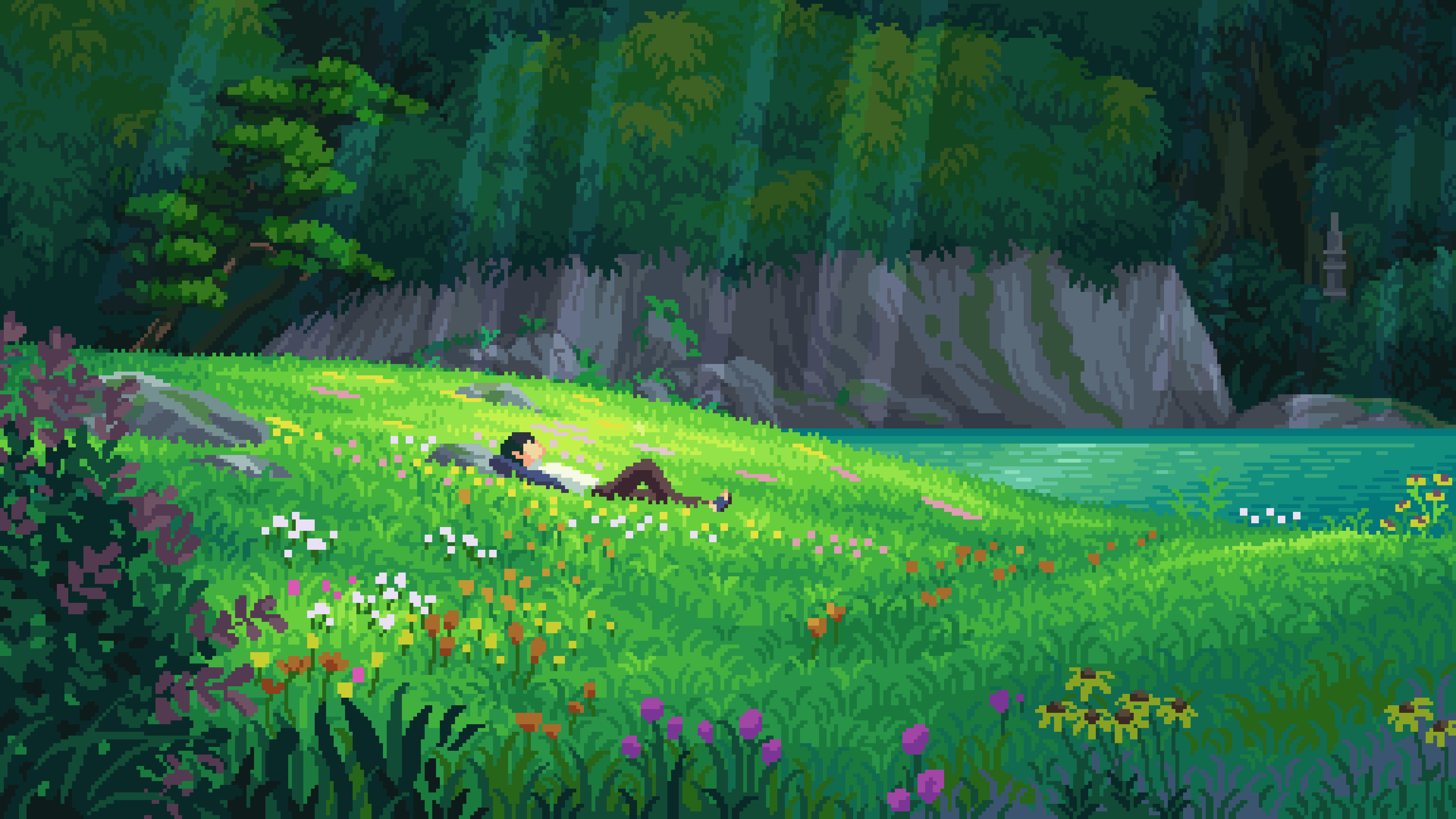 person lying in grass, pixel art wildflower meadow, forest lake cliffside, 4K Desktop wallpaper