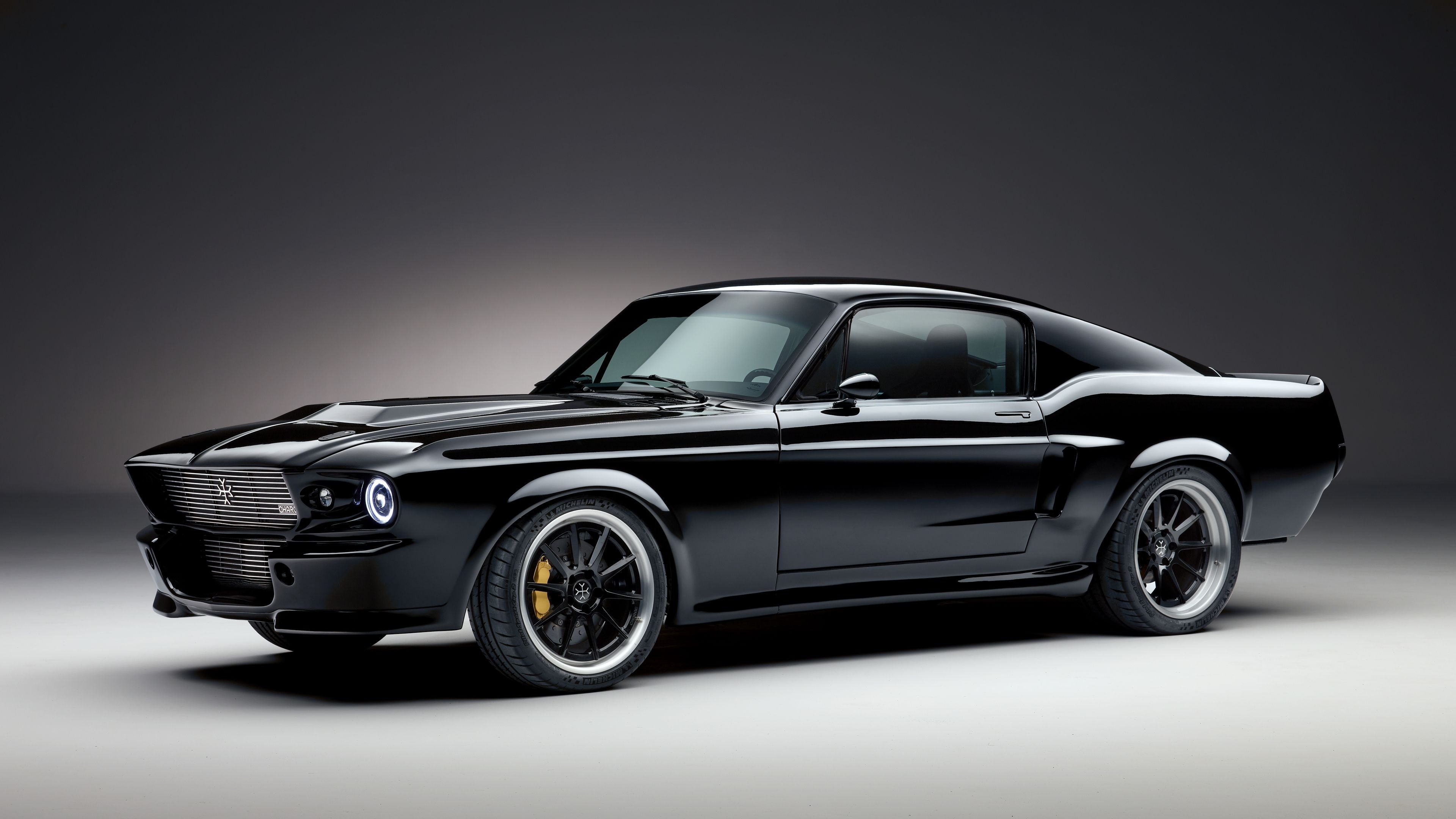 Charge Cars Ford Mustang, Custom black alloy wheels, Studio lighting backdrop, 4K Desktop wallpaper