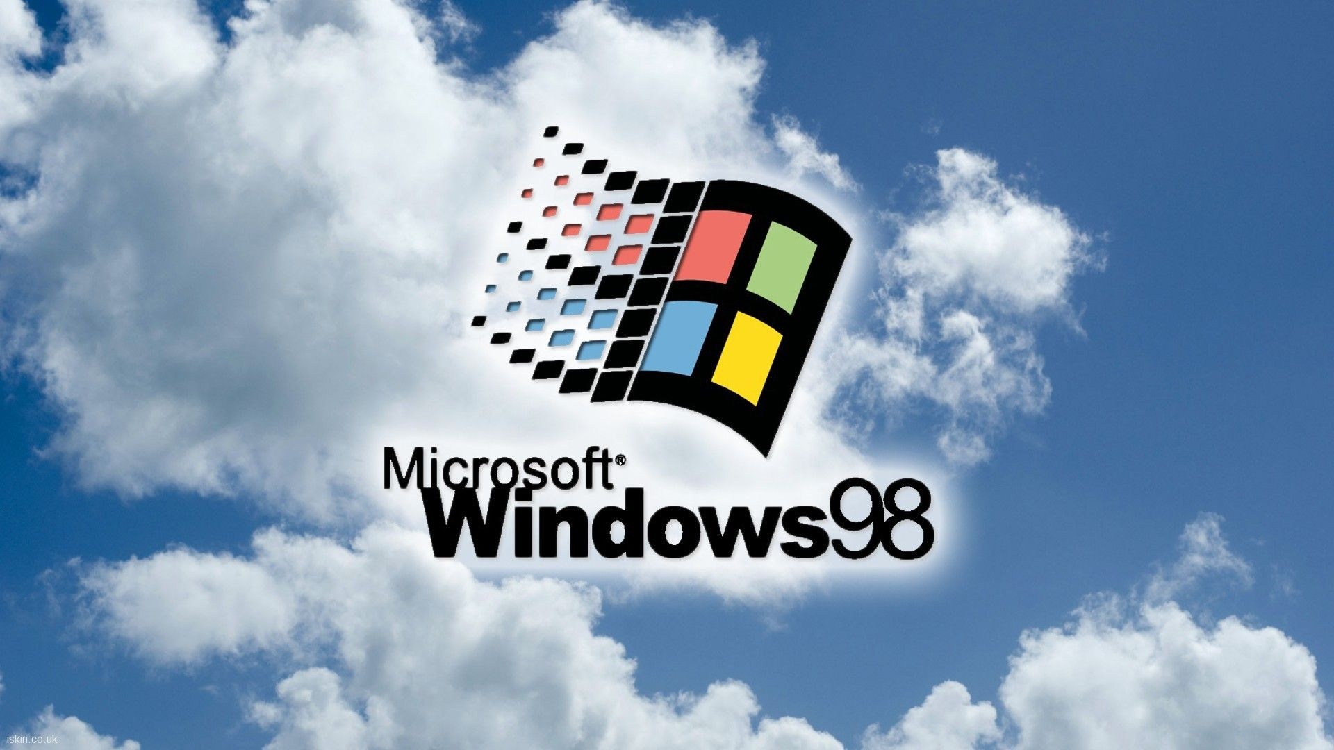 Microsoft Windows 98 logo, Microsoft Windows98 text, cumulus clouds blue sky, Full HD Desktop wallpaper