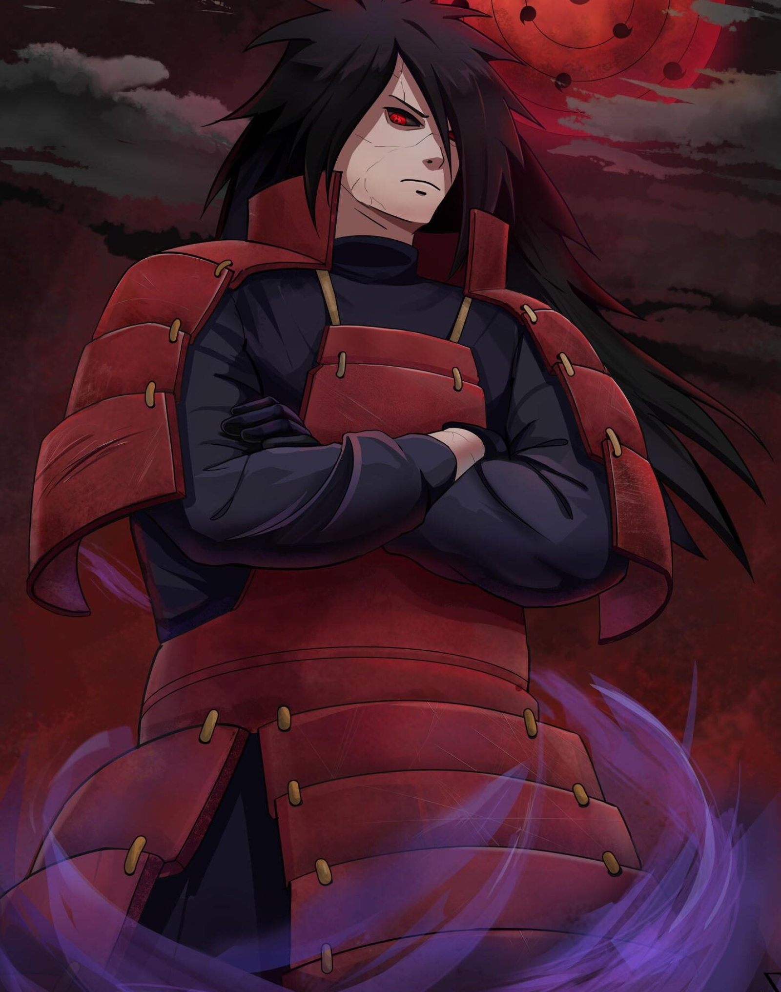 Edo Tensei Madara Uchiha, Infinite Tsukuyomi moon, purple chakra aura, HD Phone wallpaper