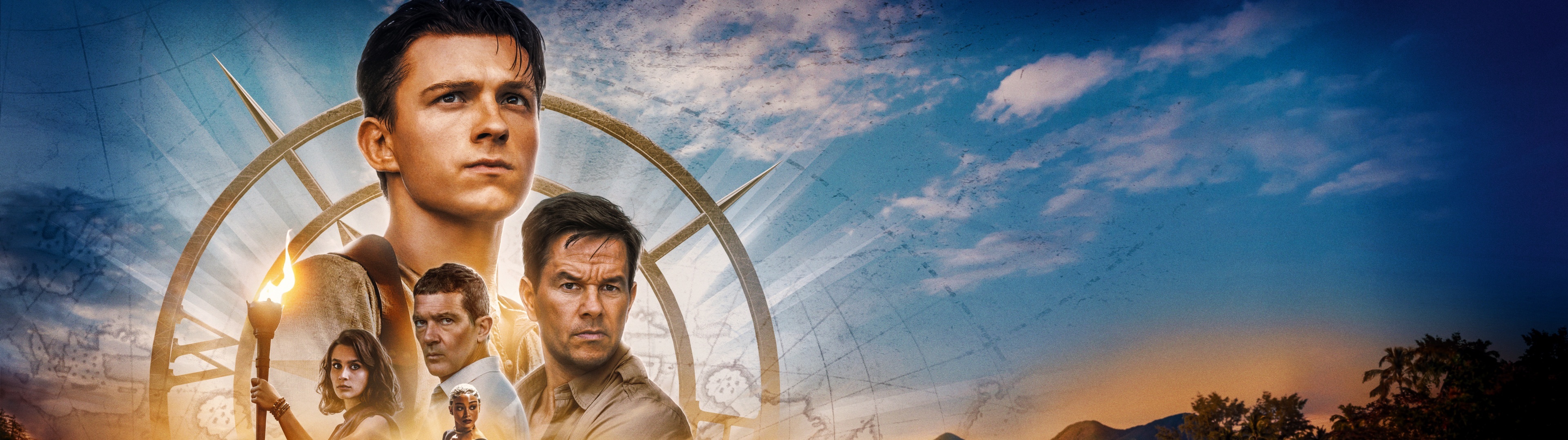 Antonio Banderas, Uncharted, 4K wallpapers, Mark Wahlberg, 3840x1080 Dual Screen Desktop