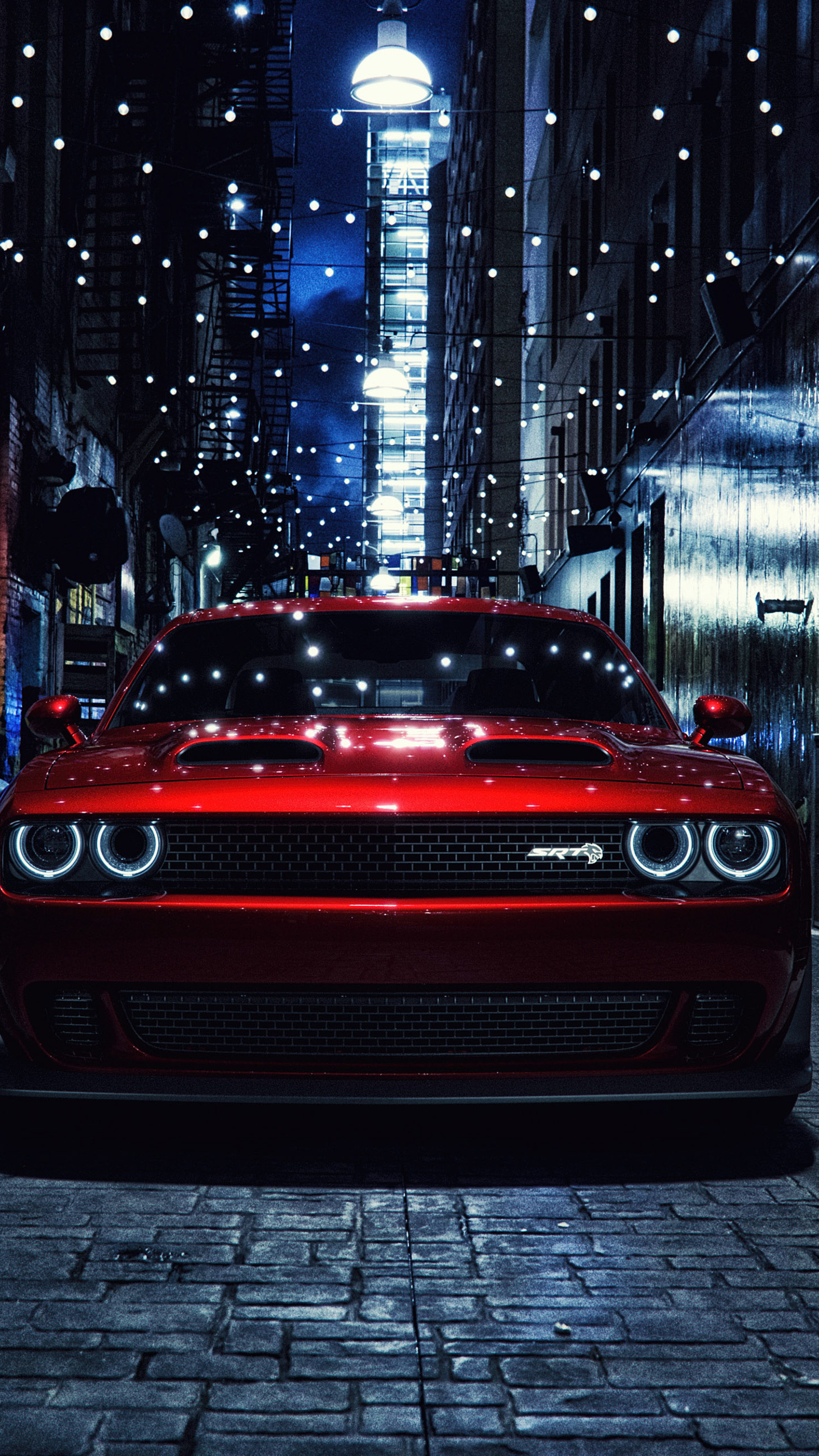 Dodge Challenger SRT Hellcat, cobblestone city alley, overhead hanging string lights, 4K Phone wallpaper