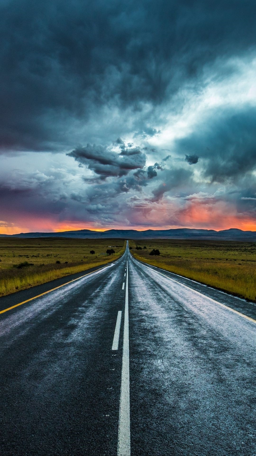 straight wet asphalt road, dramatic storm clouds, sunset prairie horizon, Full HD Phone wallpaper